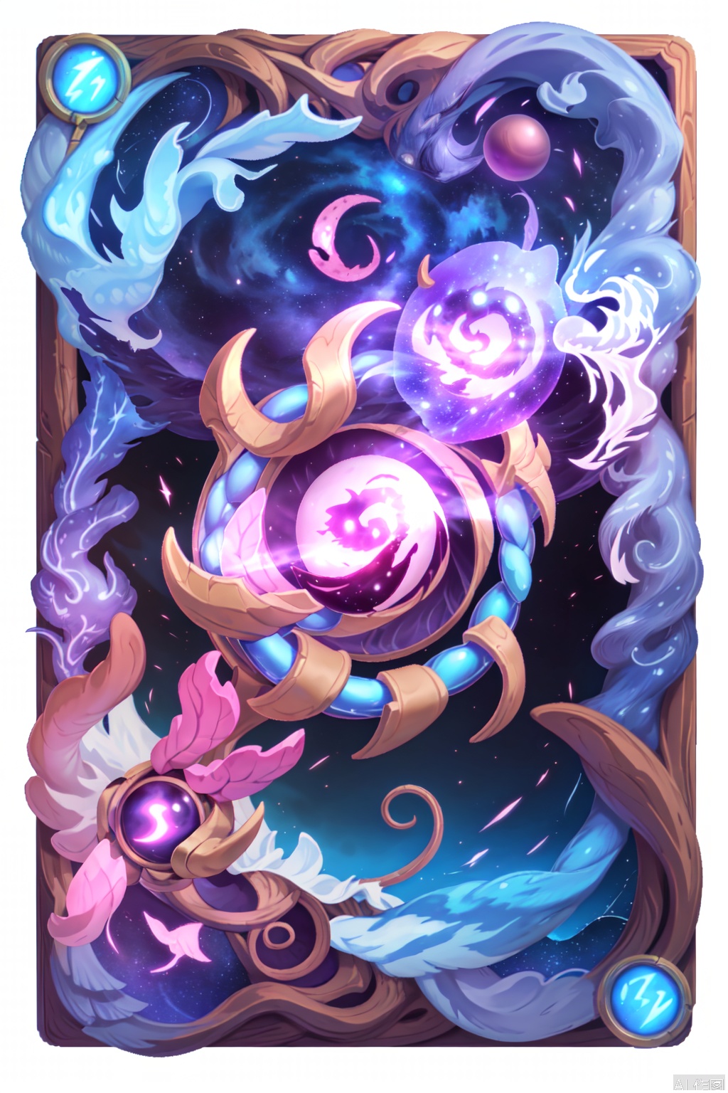 The image depicts a fantastical cosmic scene with a swirling nebula in the background, featuring vibrant shades of purple, blue, and pink. At the center of the image is a large, abstract creature resembling a tentacled entity with an eye that emits a bright, glowing light. The creature's body is composed of flowing, ribbon-like shapes that give it an ethereal appearance. Surrounding the creature are smaller, glowing orbs and lightning bolts, adding to the dynamic and mystical atmosphere. In the foreground, there are two planets, one with swirling colors and the other with a more solid, blue hue, both set against a backdrop of stars and cosmic clouds. The overall composition is vibrant and otherworldly, evoking a sense of wonder and mystery.HearthStone,card back