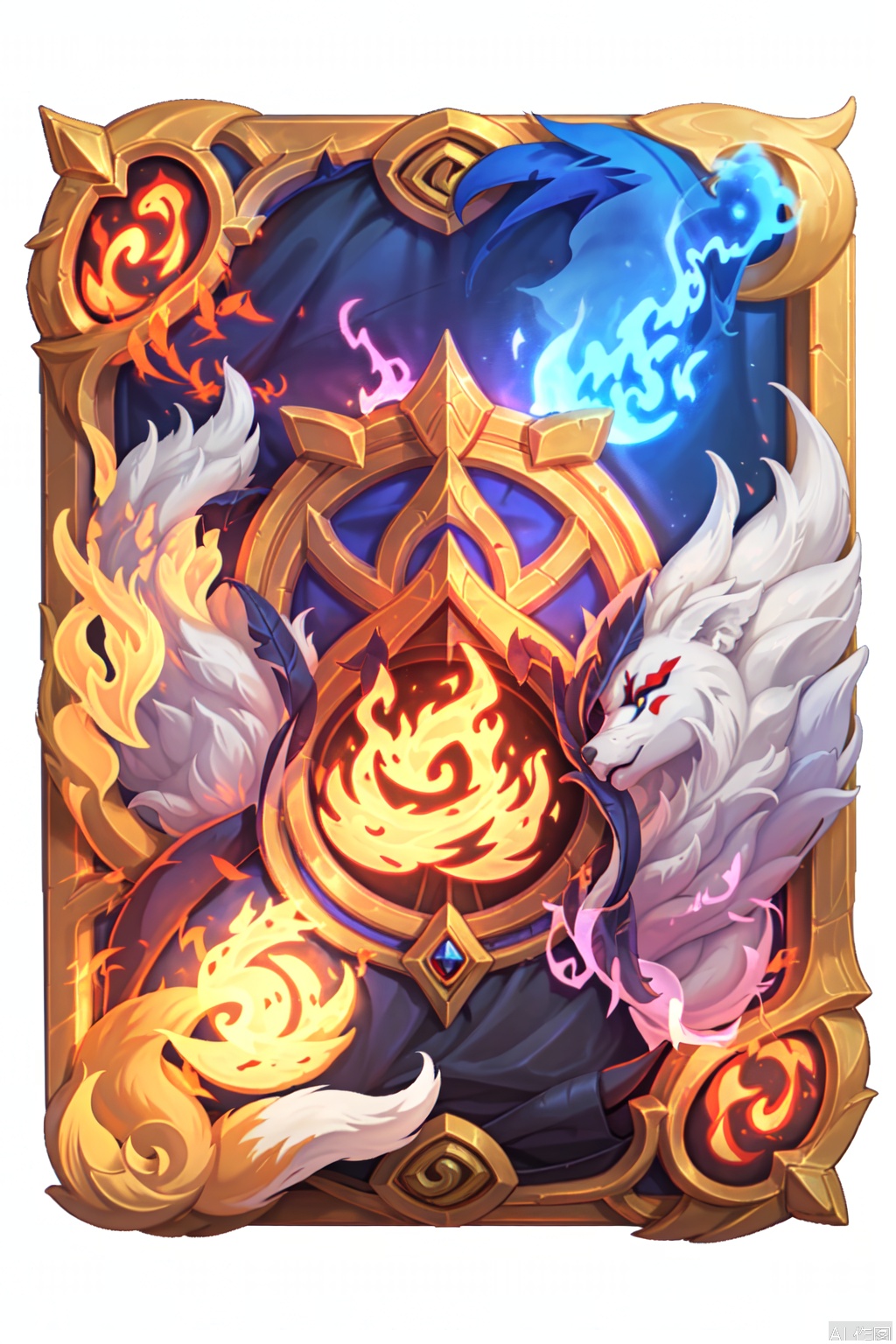 The image depicts a fantasy-themed chest, which appears to be a treasure chest. It is adorned with intricate designs and patterns, including a prominent fox mask on the front. The chest has a golden finish with blue and red accents, and there are glowing blue flames on either side, suggesting magical properties. The background is plain black, which makes the chest stand out prominently.HearthStone,card back