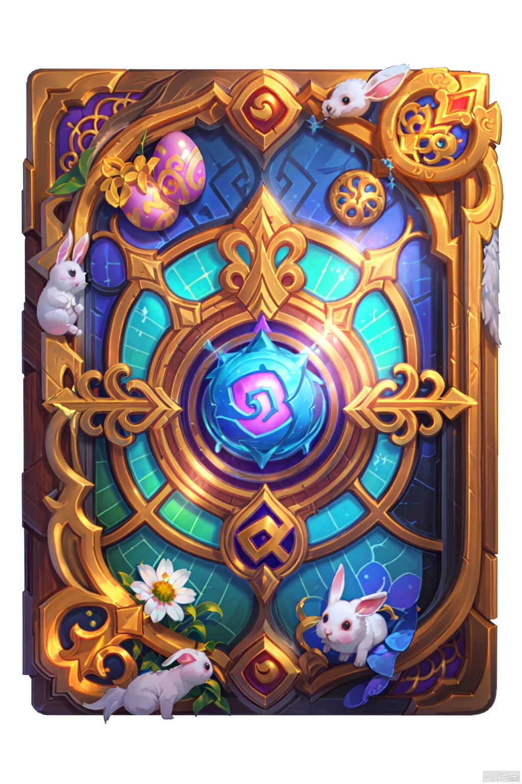 The image depicts a decorative chest adorned with intricate designs and vibrant colors. The chest is primarily gold with ornate patterns and features a large, circular window on the front. It is embellished with a variety of decorative elements, including a white rabbit wearing a blue hat and green leaves, and several colorful Easter eggs. The chest is also decorated with flowers, including daisies, and has a keyhole design on the front. The overall aesthetic is festive and whimsical, suggesting it may be part of a game or a themed decoration.HearthStone,card back