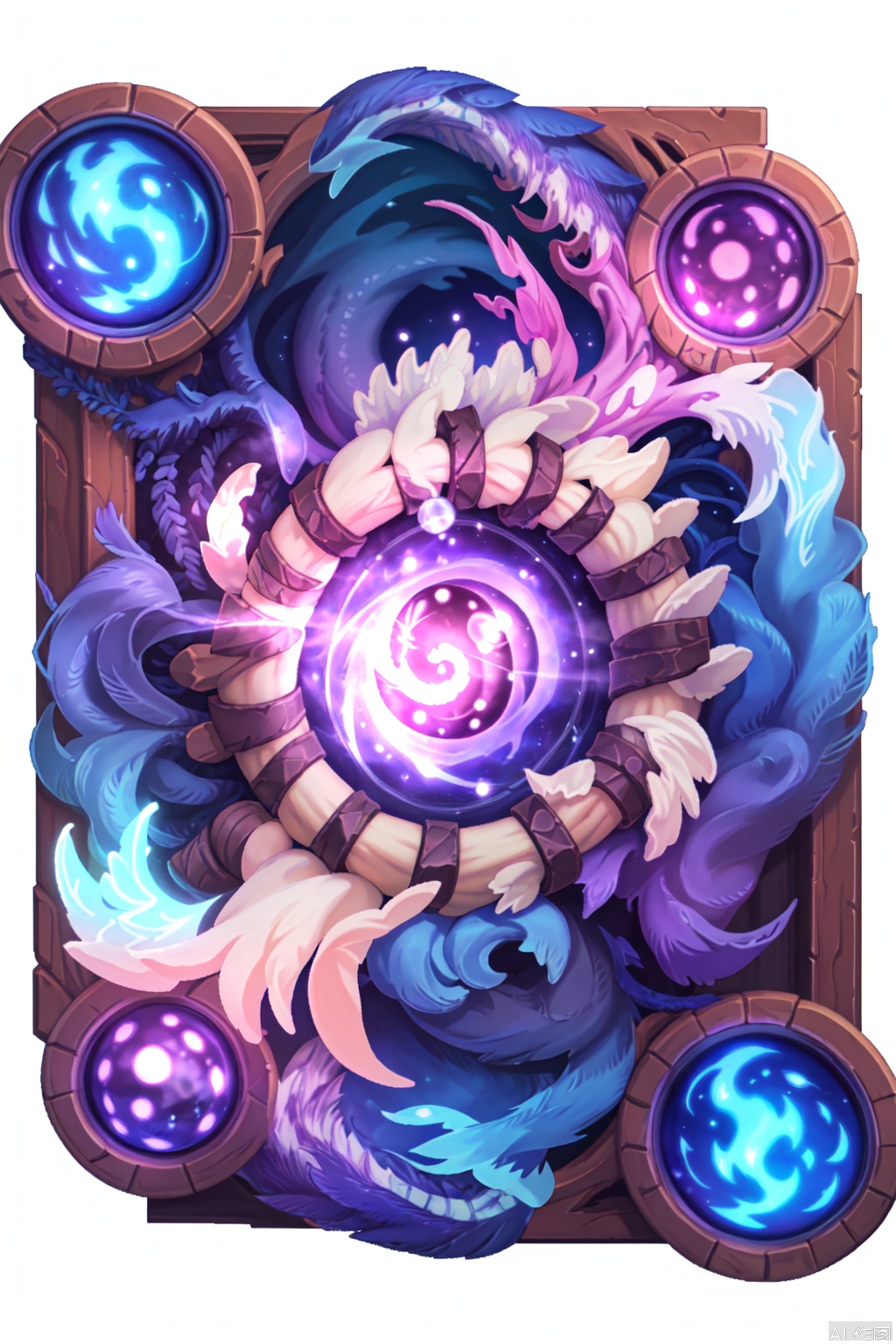 The image depicts a fantastical cosmic scene with a swirling nebula in the background, featuring vibrant shades of purple, blue, and pink. At the center of the image is a large, abstract creature resembling a tentacled entity with an eye that emits a bright, glowing light. The creature's body is composed of flowing, ribbon-like shapes that give it an ethereal appearance. Surrounding the creature are smaller, glowing orbs and lightning bolts, adding to the dynamic and mystical atmosphere. In the foreground, there are two planets, one with swirling colors and the other with a more solid, blue hue, both set against a backdrop of stars and cosmic clouds. The overall composition is vibrant and otherworldly, evoking a sense of wonder and mystery.HearthStone,card back,white background,simple background