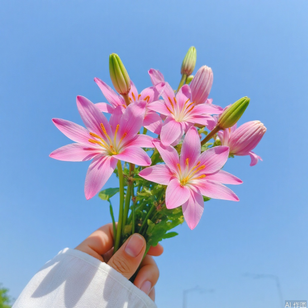Holding a bouquet of pink lilies in hand