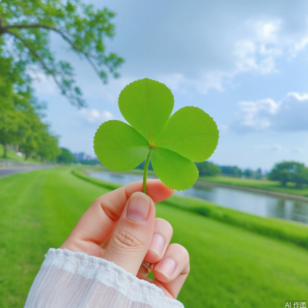 Hold a four-leaf grass in hand