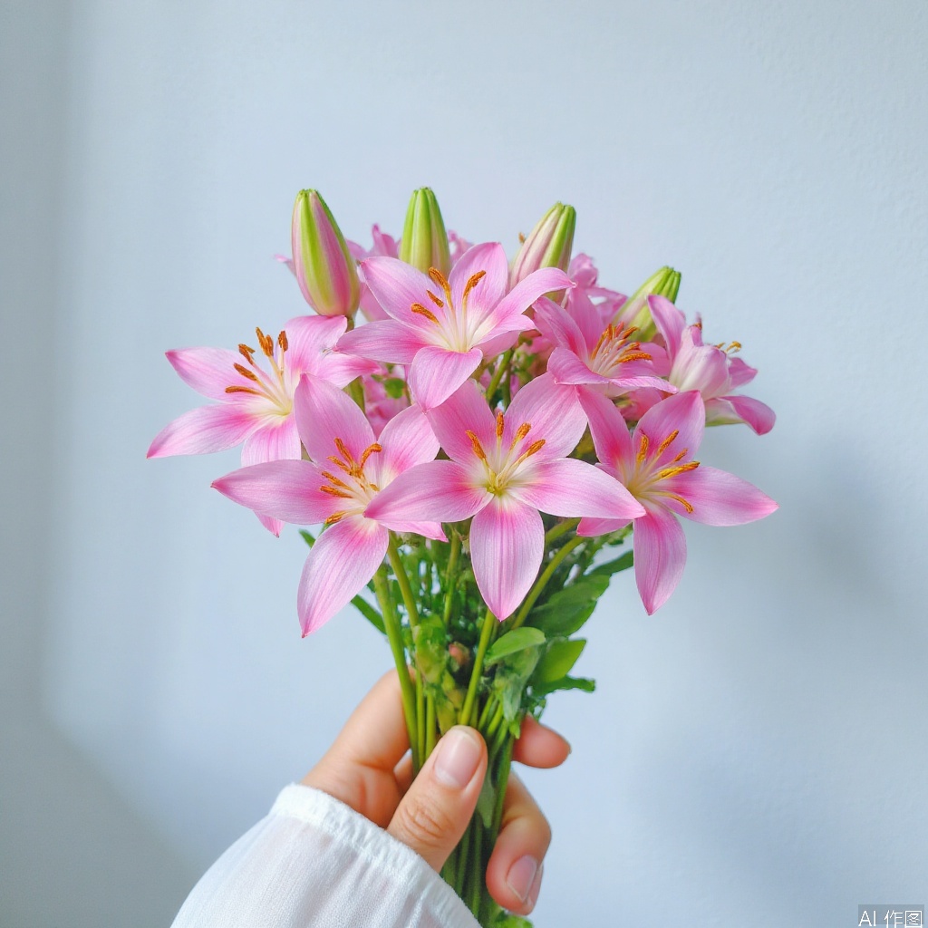Holding a bouquet of pink lilies in hand