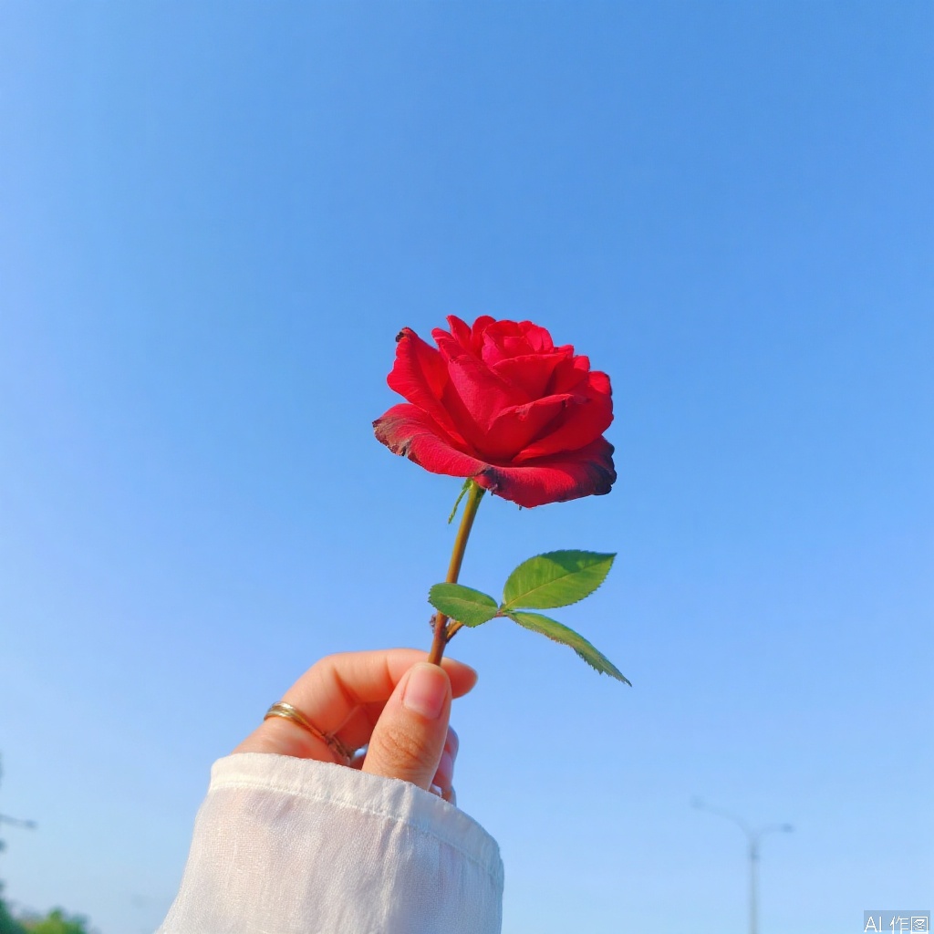 Holding a red rose in the blue sky