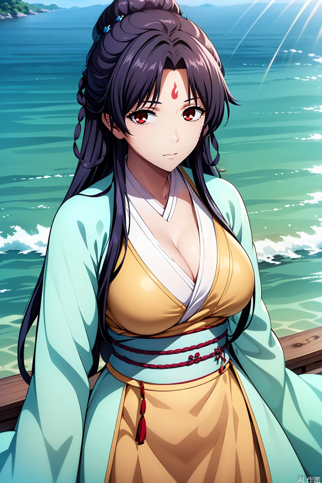 1girl, solo, long hair, breasts, looking at viewer, bangs, large breasts, black hair, hair ornament, red eyes, cleavage, wide sleeves, parted bangs, sash, facial mark, chinese clothes, hanfu,masterpiece,best quality,official art,extremely detailed CG unity 8k wallpaper,upper body,looking at viewer,on the beach,