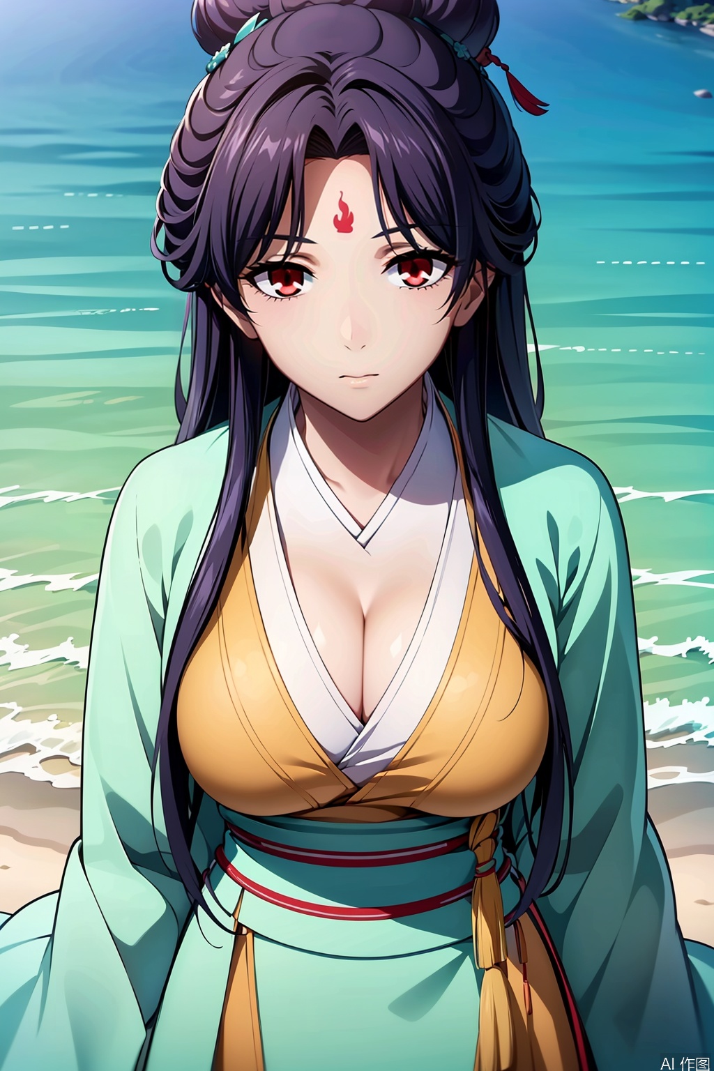 1girl, solo, long hair, breasts, looking at viewer, bangs, large breasts, black hair, hair ornament, red eyes, cleavage, wide sleeves, parted bangs, sash, facial mark, chinese clothes, hanfu,masterpiece,best quality,official art,extremely detailed CG unity 8k wallpaper,upper body,looking at viewer,on the beach,