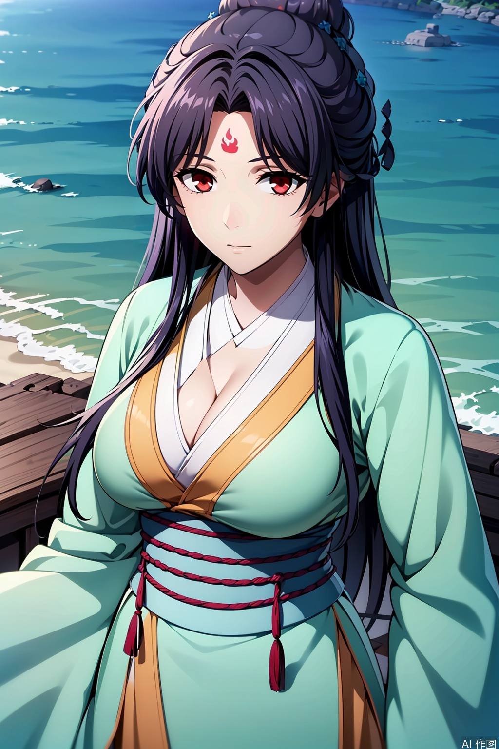 1girl, solo, long hair, breasts, looking at viewer, bangs, large breasts, black hair, hair ornament, red eyes, cleavage, wide sleeves, parted bangs, sash, facial mark, chinese clothes, hanfu,masterpiece,best quality,official art,extremely detailed CG unity 8k wallpaper,upper body,looking at viewer,on the beach,