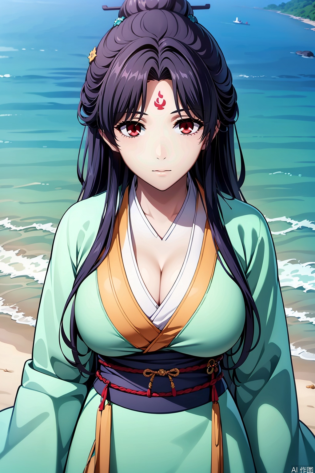 1girl, solo, long hair, breasts, looking at viewer, bangs, large breasts, black hair, hair ornament, red eyes, cleavage, wide sleeves, parted bangs, sash, facial mark, chinese clothes, hanfu,masterpiece,best quality,official art,extremely detailed CG unity 8k wallpaper,upper body,looking at viewer,on the beach,