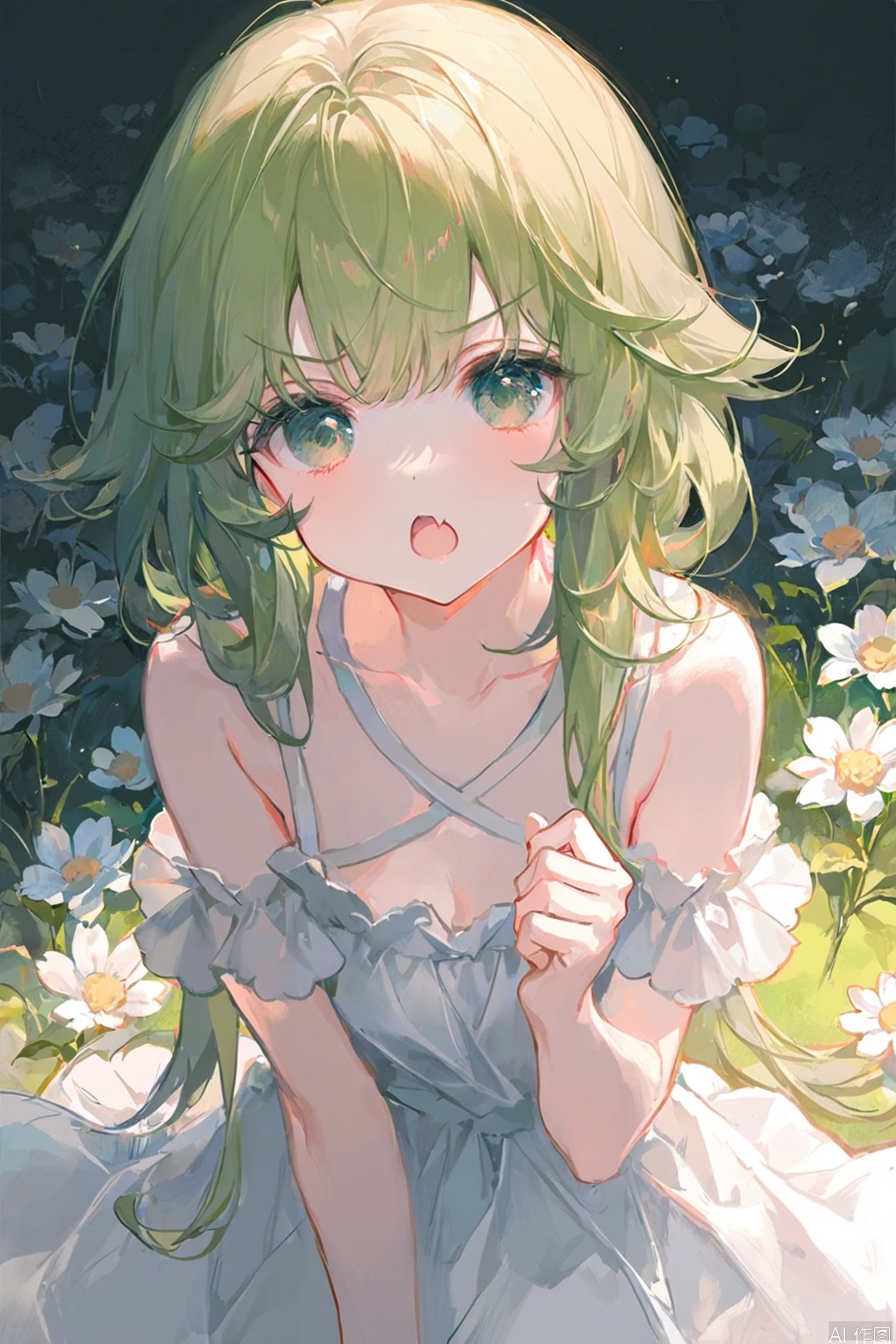 (best quality),(masterpiece),1girl, flower,white dress, solo, green hair, long hair,pout, open mouth, looking at viewer, bangs, white flower, green eyes,
