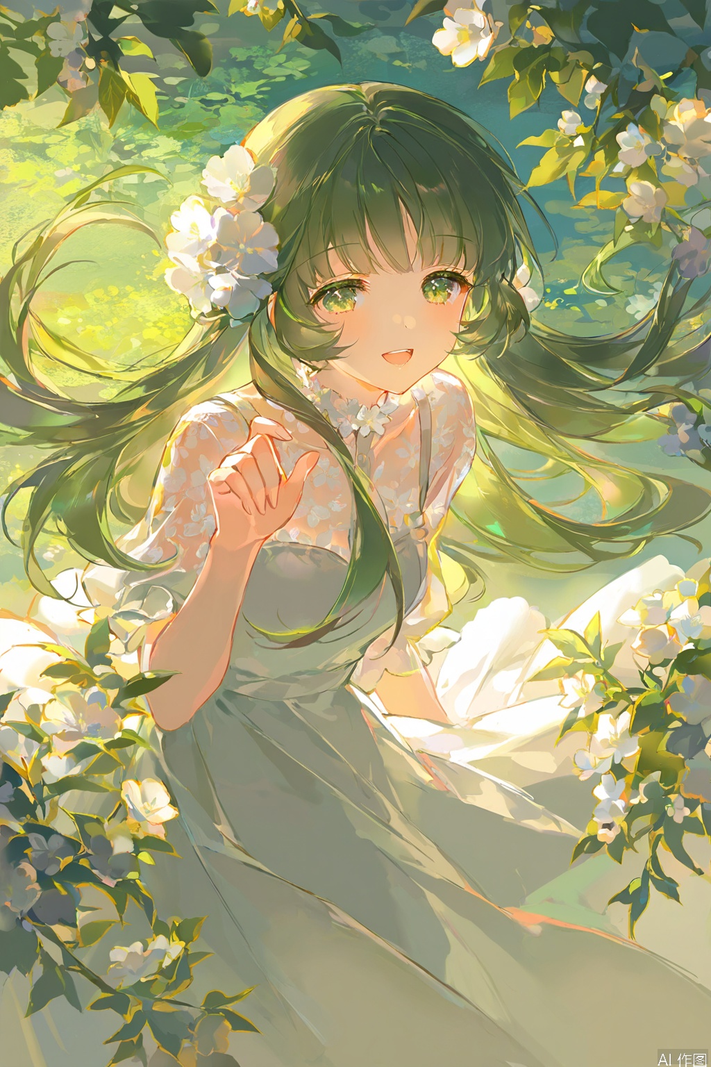(best quality),(masterpiece),1girl, flower,white dress, solo, green hair, long hair, smile, open mouth, looking at viewer, bangs, white flower, green eyes,
