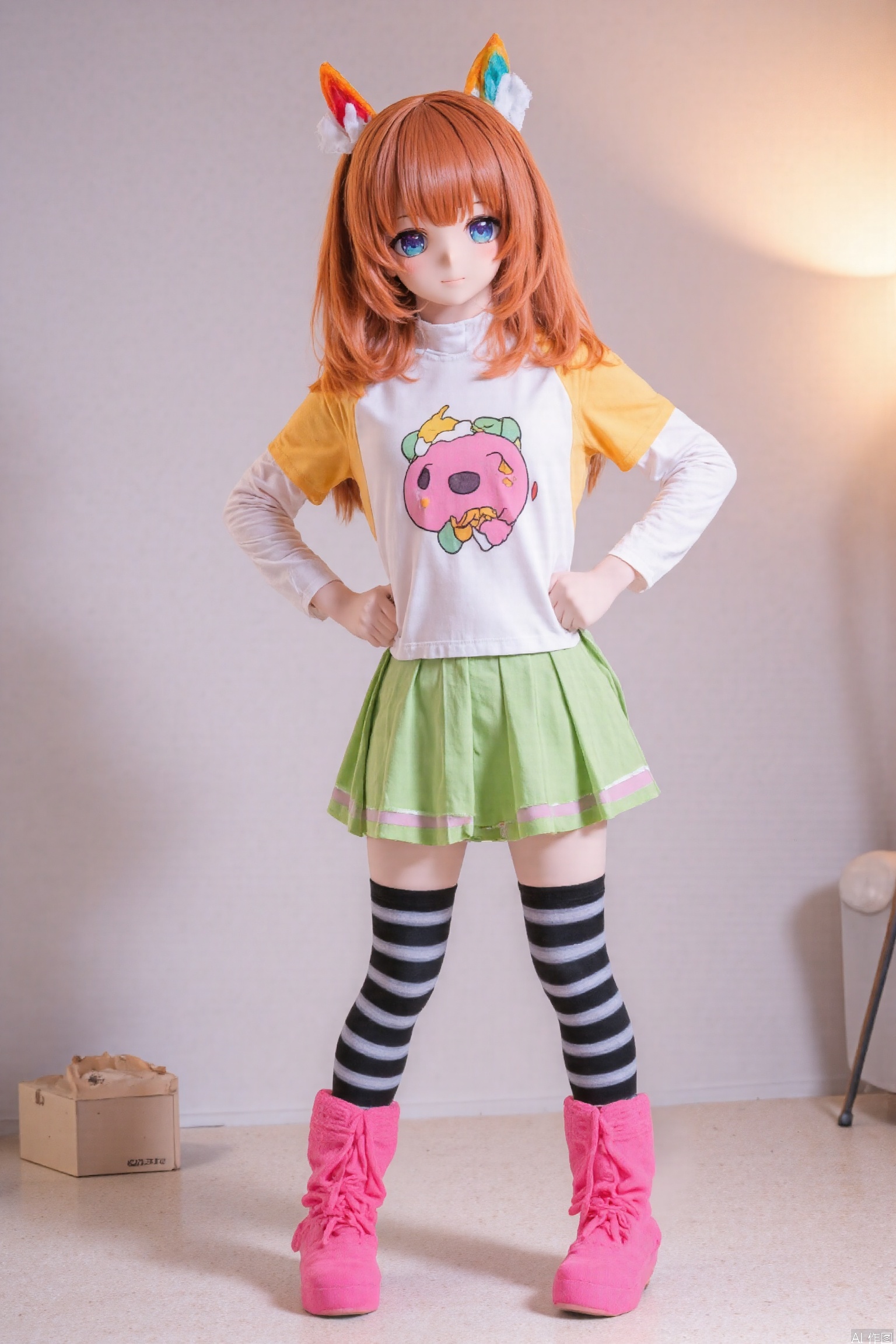 A young girl with a kawaii expression proudly displays her colorful kigurumi costume, her bright pink socks peeking out from under her black and white striped leg wear. She stands against a soft, blurred background with a warm glow, her hands on her hips as she strikes a playful pose.