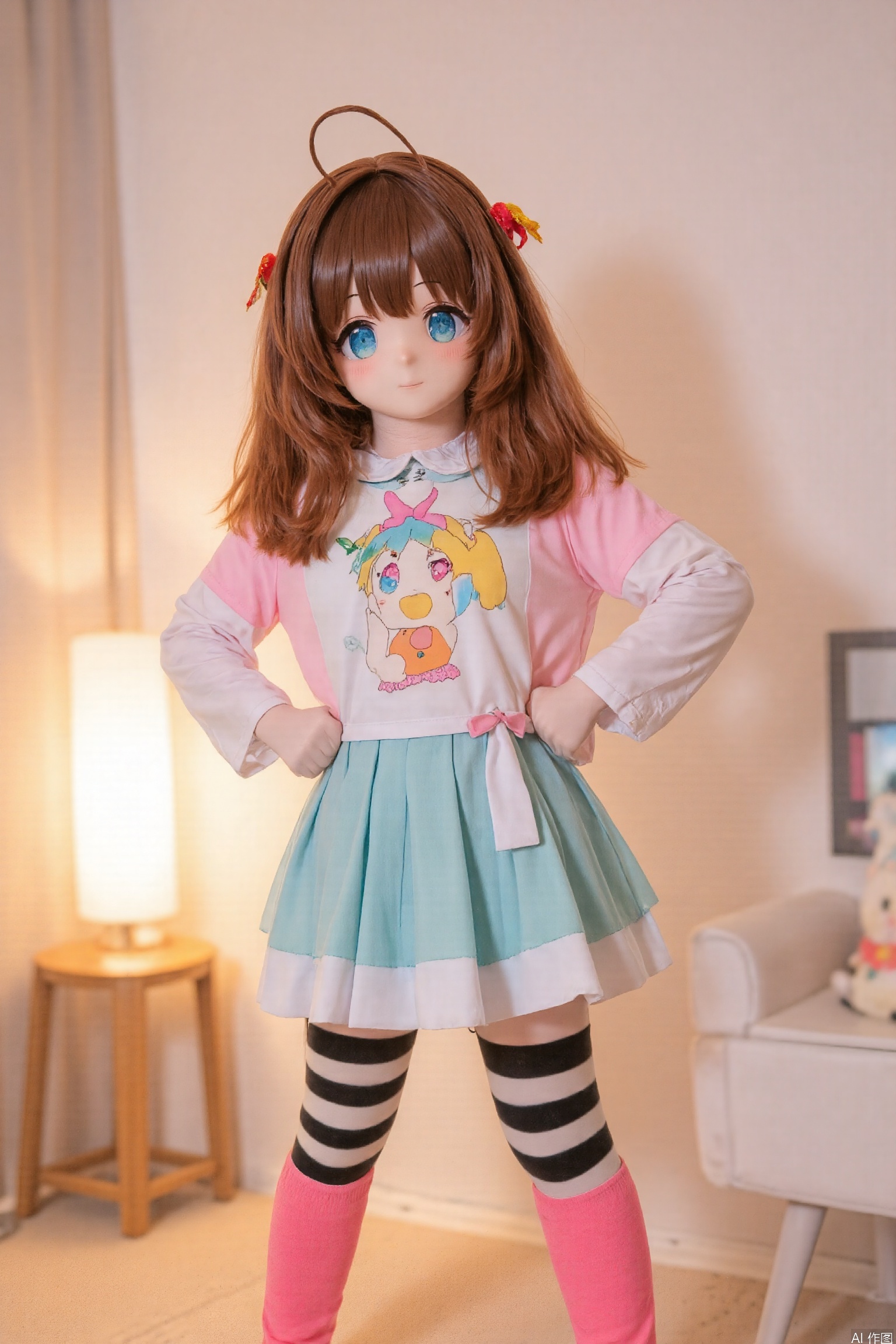 A young girl with a kawaii expression proudly displays her colorful kigurumi costume, her bright pink socks peeking out from under her black and white striped leg wear. She stands against a soft, blurred background with a warm glow, her hands on her hips as she strikes a playful pose.