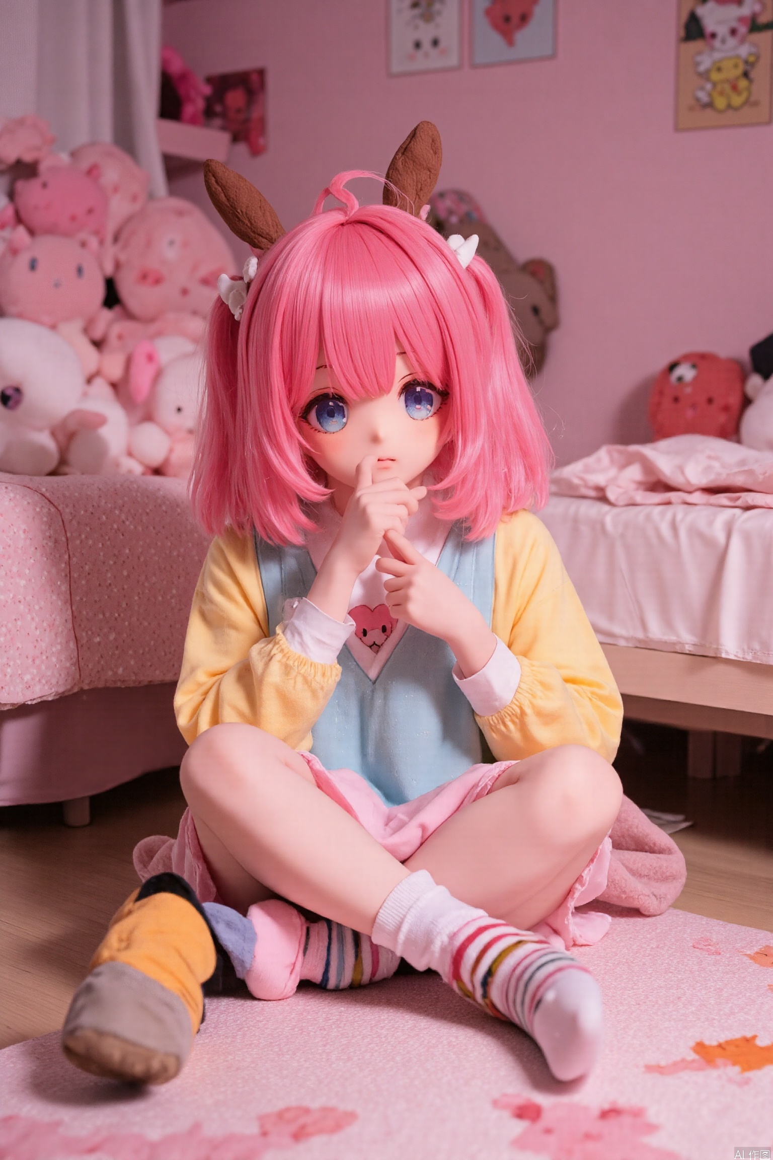 A kawaii scene unfolds: a girl sits cross-legged on the floor of her pink-themed bedroom, surrounded by plush toys and soft furnishings. She wears a colorful kigurumi animal onesie, with one foot bare and the other clad in a striped sock and matching shoe. The dimly lit room is bathed in a warm, cozy glow, highlighting the girl's sweet expression as she gazes down at something on the floor.