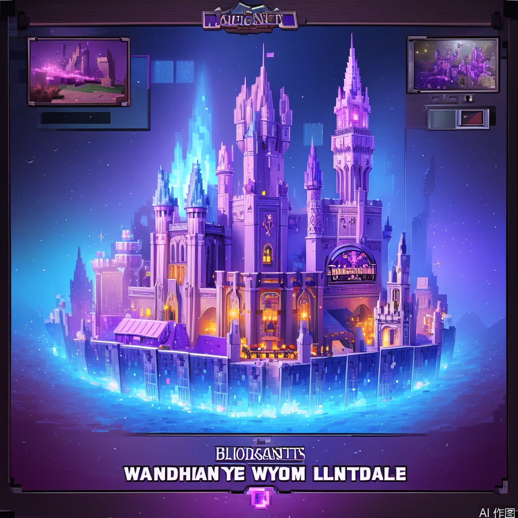 A movie poster for Witches and Wizards, showcasing blocky wizards with furry hair and square lightning scars, holding pixelated wands emitting square particles. In the background, the cubic Hogwarts castle stands prominently under a Minecraft-inspired logo. The film title appears in magical purple text, framed by vibrant colors and pixel art details. The composition uses a wide-angle shot to emphasize the iconic castle, with wizards centered in action poses. Keywords: wizards, pixelated wand, cubic castle, Minecraft style, purple text, magical particles, blocky design.
