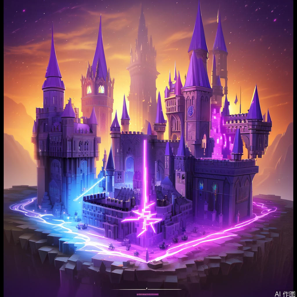 A movie poster for Witches and Wizards, showcasing blocky wizards with furry hair and square lightning scars, holding pixelated wands emitting square particles. In the background, the cubic Hogwarts castle stands prominently under a Minecraft-inspired logo. The film title appears in magical purple text, framed by vibrant colors and pixel art details. The composition uses a wide-angle shot to emphasize the iconic castle, with wizards centered in action poses. Keywords: wizards, pixelated wand, cubic castle, Minecraft style, purple text, magical particles, blocky design.
