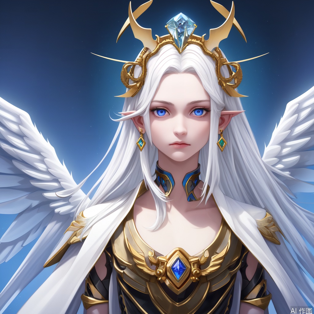 1boy, solo, long hair, looking at viewer, blue eyes, hair ornament, jewelry, closed mouth, collarbone, upper body, white hair, earrings, wings, lips, mask, halo, head wings, gem, portrait, angel
