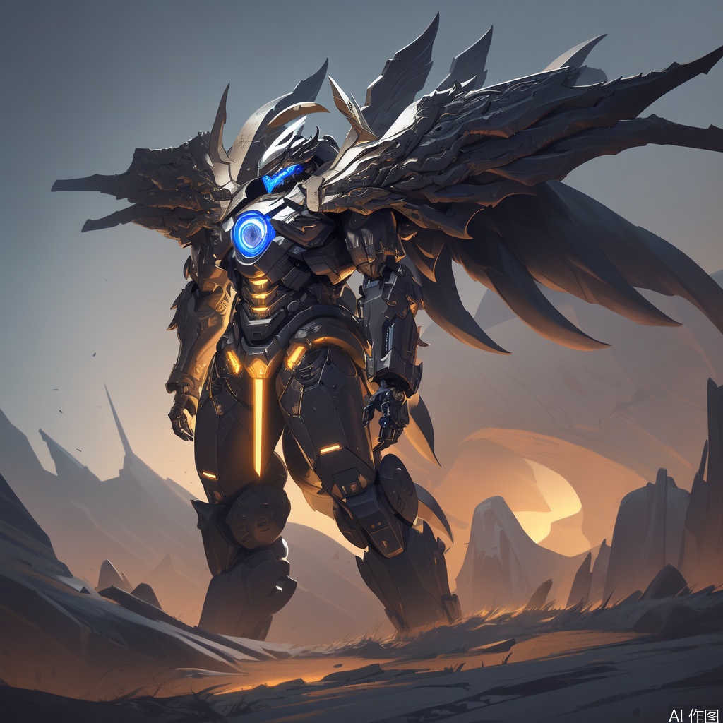 miluo_jqgk,A badass, futuristic humanoid with a helmet and angel wings, decked out in intricate, mechanical armor. The dude's rocking a dark, gritty color palette and is surrounded by a bunch of tiny, unreadable text. The vibe is super sci-fi and cybernetic.
