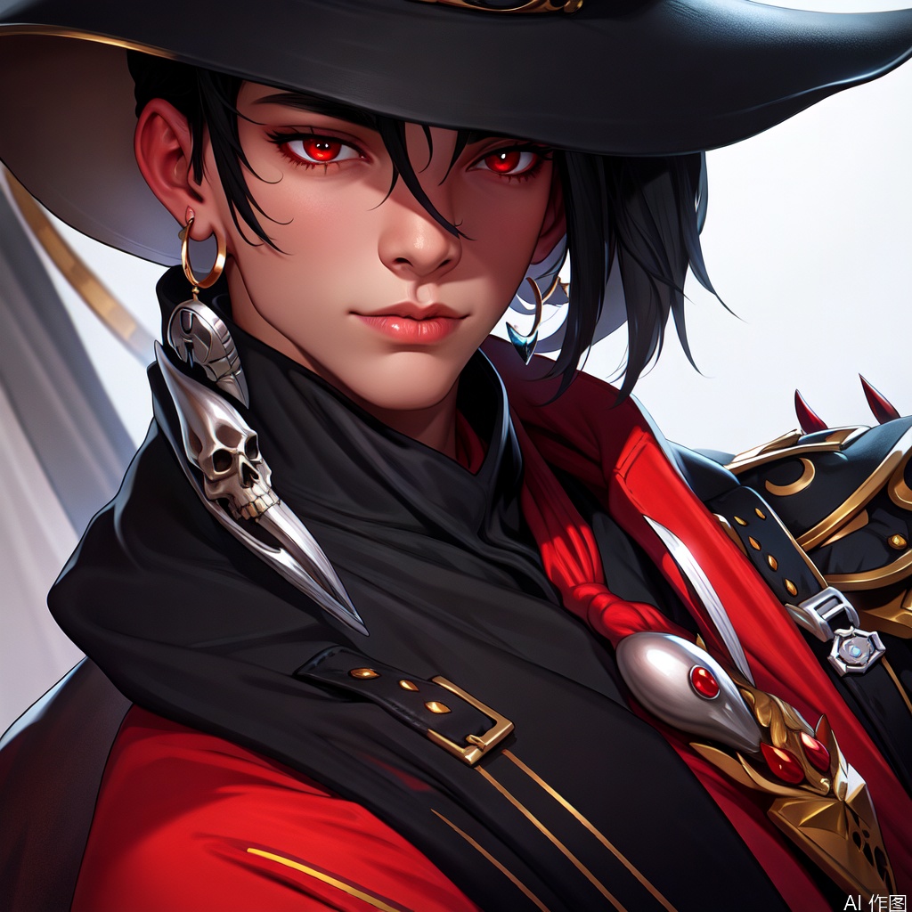hat, black hair, 1boy, jewelry, solo, red eyes, earrings, fingernails, male focus, skull, long fingernails
