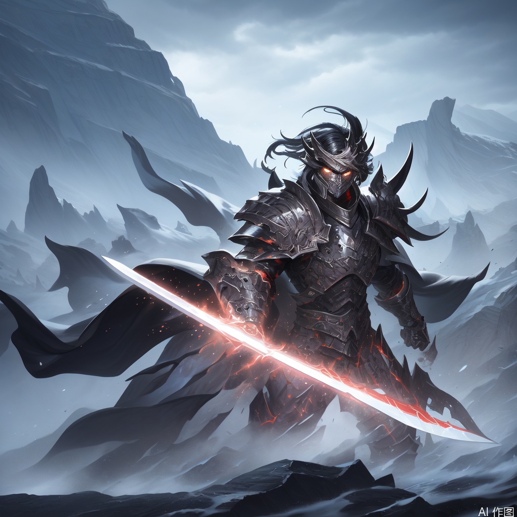 GFSM, A digital illustration of a warrior with a stern and determined look. His eyes are narrowed in focus, and his chiseled jaw is set in a firm line. He wears a suit of armor made of interlocking scales, and his sword is drawn and ready. The background is a stark, ink-brush landscape of rocky cliffs and swirling clouds, and the overall style is powerful and dynamic, reflecting the character's strength and resolve.
