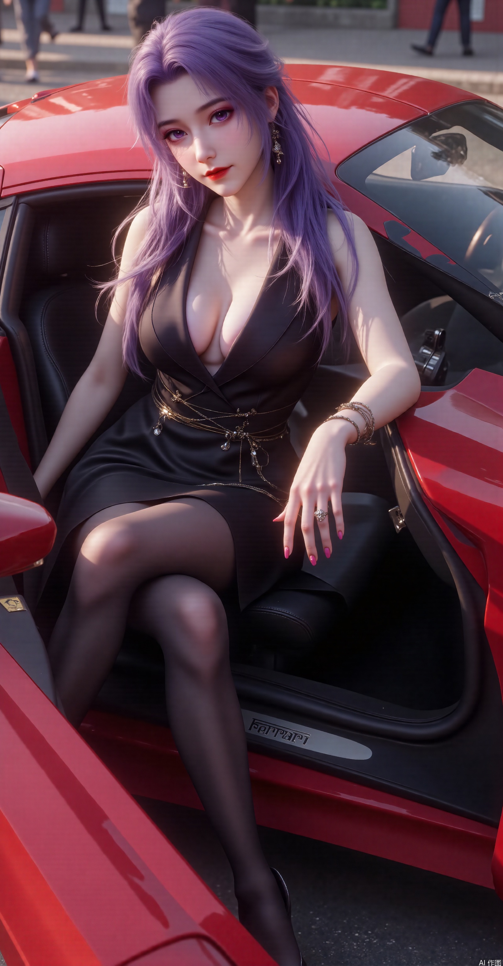 A girl,alone,with long hair,breasts,looking at the viewer,wearing a dress,with cleavage,adorned with jewelry,full breasts,sitting in the driver's seat of a red Ferrari,with purple eyes,long purple hair,wearing sexy black pantyhose,with a plump figure,mature and charming,wearing earrings,in delicate high heels,sleeveless,with nail polish,in a black dress,high heels,with fiery red lips,black pantyhose,wearing makeup,with lipstick,next to a Ferrari sports car,with red lips,a car,a sports car.