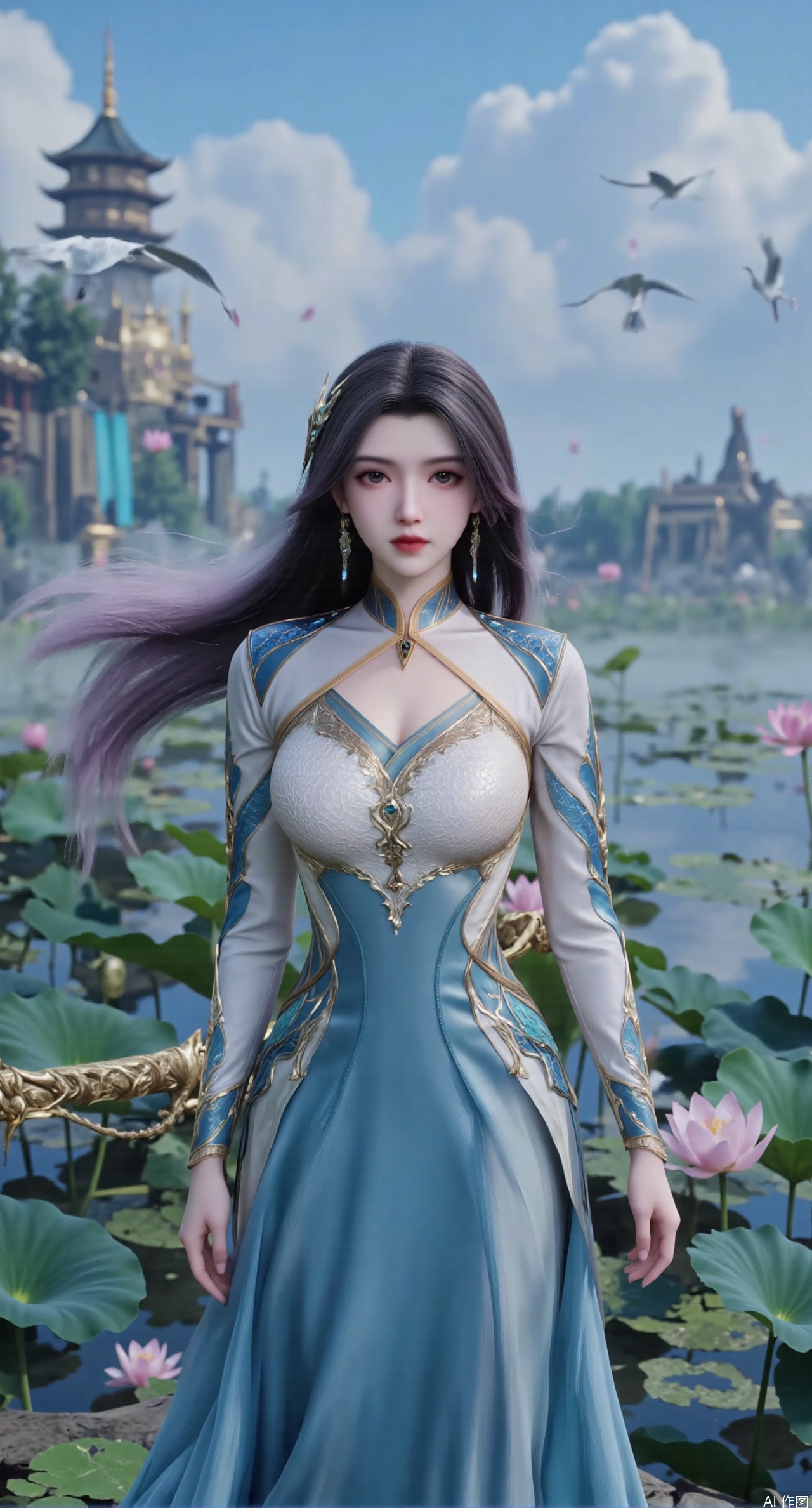  SFW,(masterpiece:1.2),best quality,1girl,solo,long hair,long dress,celestial maiden in flowing tulle gown levitates above lotus pond, ethereal mist trails from hair ribbons, mythical Penglai paradise emerges through clouds with glowing pavilions, translucent bioluminescent lotus blooms, flock of cranes gliding over water surface, ultra HD with soft 3D rendering, morning light filters through mist, falling petal rain, intricate details on scale-patterned fabric and lotus veins.(huge breasts:2.99),(full breasts:2.99),Xzhihua,Xsiyouyou,Xyanruyu,Xmoxiaonan,Xyeqingxian,Xyunwangshu,XlishaoyinY,Xxiaowu,Xyusanniang,XhuolingerHHY,Xwangqiuer,Xxuenv,XfuquY