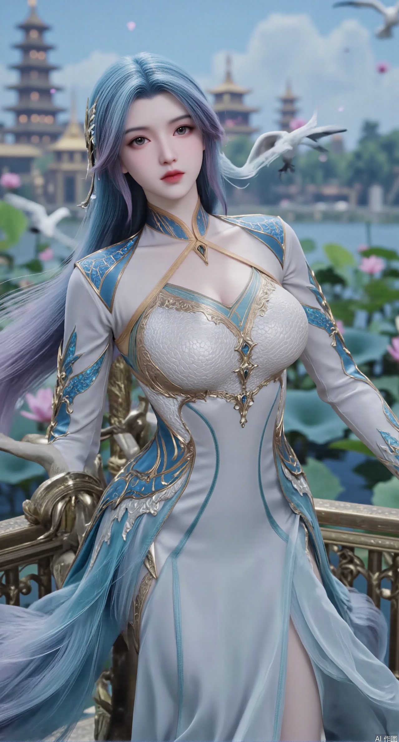  SFW,(masterpiece:1.2),best quality,1girl,solo,long hair,long dress,celestial maiden in flowing tulle gown levitates above lotus pond, ethereal mist trails from hair ribbons, mythical Penglai paradise emerges through clouds with glowing pavilions, translucent bioluminescent lotus blooms, flock of cranes gliding over water surface, ultra HD with soft 3D rendering, morning light filters through mist, falling petal rain, intricate details on scale-patterned fabric and lotus veins.(huge breasts:2.99),(full breasts:2.99),Xzhihua,Xsiyouyou,Xyanruyu,Xmoxiaonan,Xyeqingxian,Xyunwangshu,XlishaoyinY,Xxiaowu,Xyusanniang,XhuolingerHHY,Xwangqiuer,Xxuenv,XfuquY