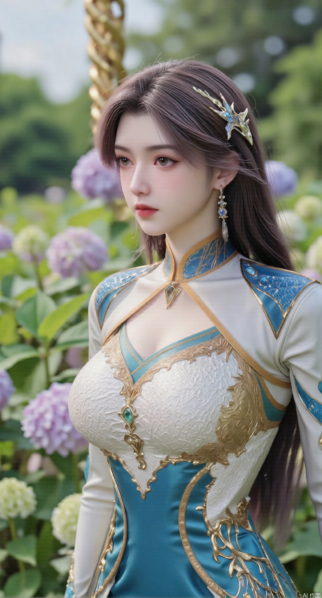  SFW,(masterpiece:1.2),best quality,absurdres,masterpiece,original,extremely detailed wallpaper,perfect lighting,1girl,solo,looking at viewer,(cowboy_shot:1.3),long hair,high heels,blurry background,depth of field,motion blur,(long dress:1.23),china_dress,chinese_style,bare shouders,crystal_earrings,headpiece,hair_tie,chest_jewel,gem,necklace,jewelry,in summer,day,outdoors,nature,garden,,(standing,Hydrangea, Hydrangea Field:1.59),(huge breasts:2.99),(full breasts:2.99),Xzhihua,Xsiyouyou,Xyanruyu,Xmoxiaonan,Xyeqingxian,Xyunwangshu,XlishaoyinY,Xxiaowu,Xyusanniang,XhuolingerHHY,Xwangqiuer,Xxuenv