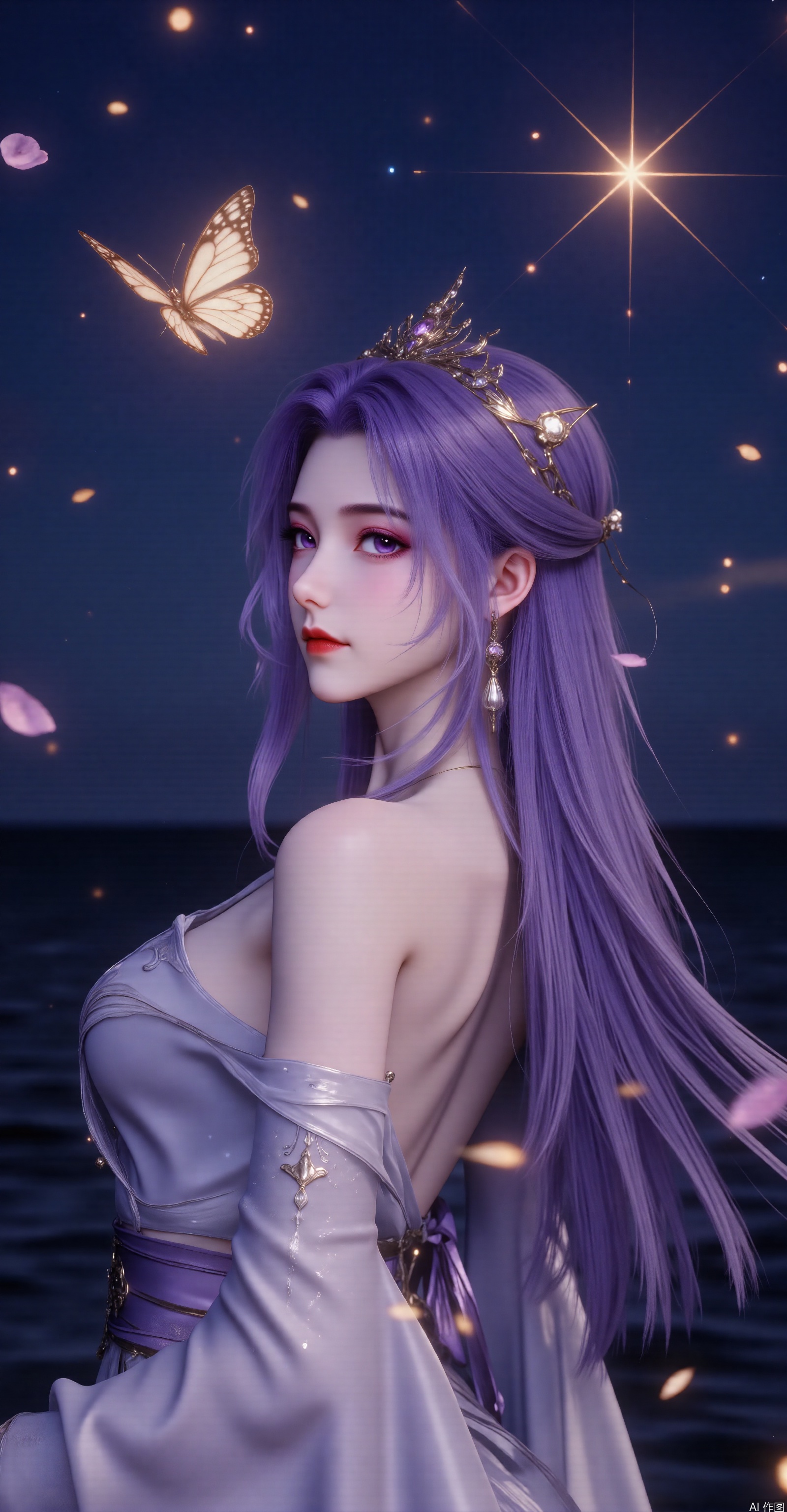  (focus on ass:1.8,big ass,bent over:1.8),looking back,(((from behind:1.8))),Expose your back, don't wear clothes on your back. Against a celestial canvas of deep blue sky and radiant yellow-white stars, a mystical maiden stands out. 1 girl,(clothes cutout), earrings,eyelashes,a charming face,glowing lips,clavicle,shoulder exposure,floating petals,dreamy and beautiful, gold bikini, jpe-hd, The woman's face is adorned with purple eyes,Her hair cascades over her shoulders, adorned with a tiara. The soft glow of moonlight illuminates her serene pose, as if she's a guardian of the starry expanse. solo, long hair, looking at viewer, hair ornament, bare shoulders, upper body, moon, bug, butterfly, glowing butterfly, ﻿purple hair