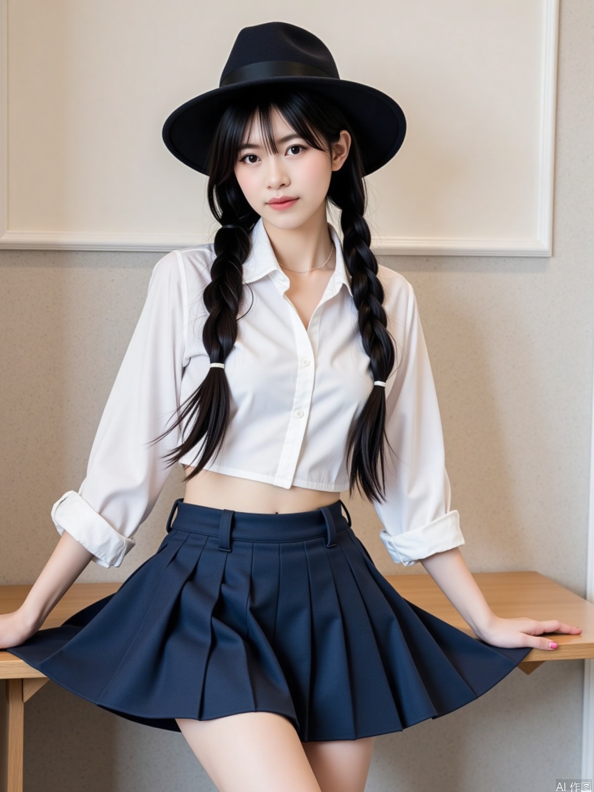 1girl, solo, long hair, skirt, black hair, hat, braid, twin braids, cosplay, realistic