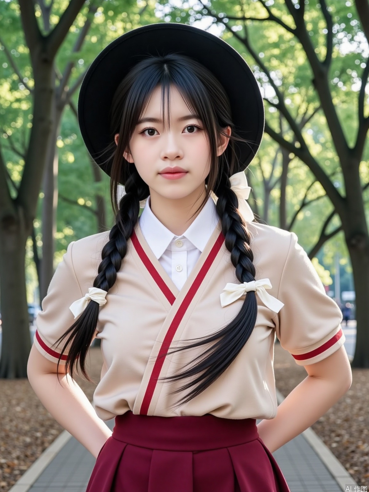 1girl, solo, long hair, skirt, black hair, hat, braid, twin braids, cosplay, realistic