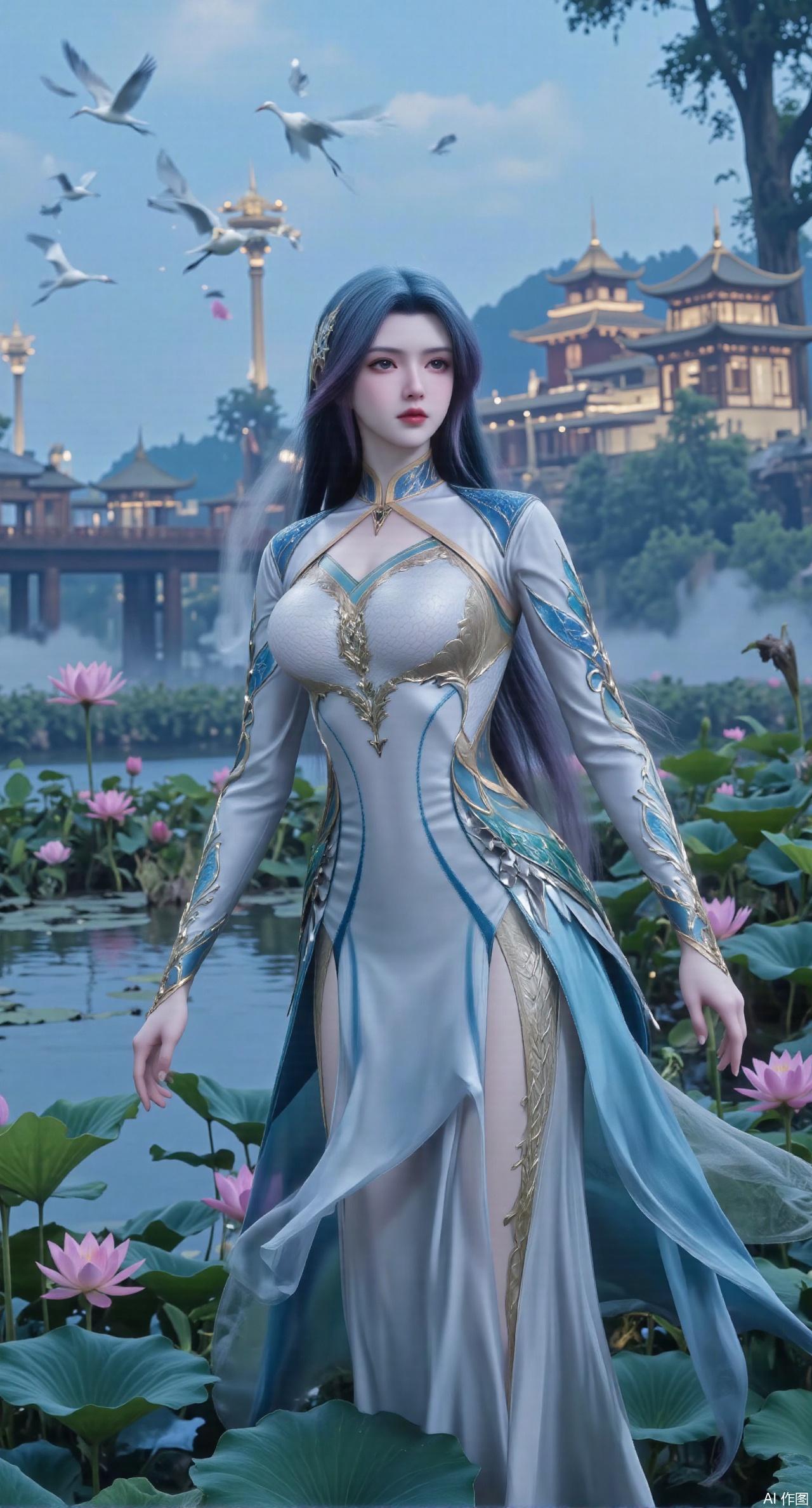 SFW,(masterpiece:1.2),best quality,1girl,solo,long hair,long dress,celestial maiden in flowing tulle gown levitates above lotus pond, ethereal mist trails from hair ribbons, mythical Penglai paradise emerges through clouds with glowing pavilions, translucent bioluminescent lotus blooms, flock of cranes gliding over water surface, ultra HD with soft 3D rendering, morning light filters through mist, falling petal rain, intricate details on scale-patterned fabric and lotus veins.(huge breasts:2.99),(full breasts:2.99),XanmiaoyiY,XhuolingerHHY,XwangqiuerKQW,Xxuenv,Xnanqiuqiu,Xhuangnv,XchuxuanerX,XchuxuanerXY,XyunyunX,XqingnvzongZM,XanmiaoyiXY