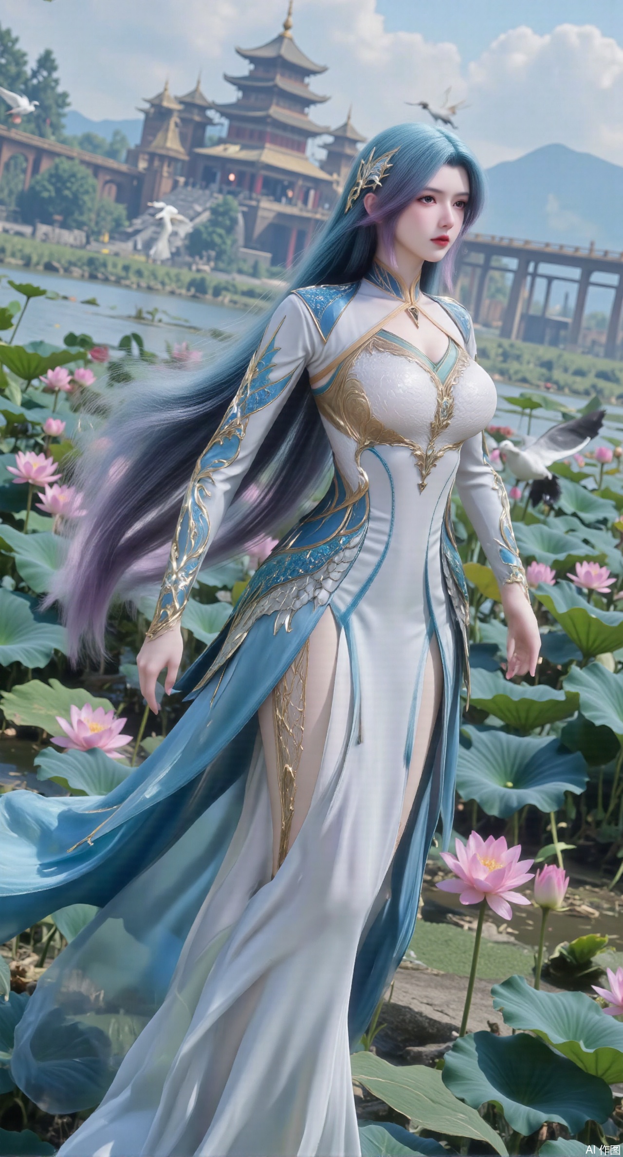 SFW,(masterpiece:1.2),best quality,1girl,solo,long hair,long dress,celestial maiden in flowing tulle gown levitates above lotus pond, ethereal mist trails from hair ribbons, mythical Penglai paradise emerges through clouds with glowing pavilions, translucent bioluminescent lotus blooms, flock of cranes gliding over water surface, ultra HD with soft 3D rendering, morning light filters through mist, falling petal rain, intricate details on scale-patterned fabric and lotus veins.(huge breasts:2.99),(full breasts:2.99),XanmiaoyiY,XhuolingerHHY,XwangqiuerKQW,Xxuenv,Xnanqiuqiu,Xhuangnv,XchuxuanerX,XchuxuanerXY,XyunyunX,XqingnvzongZM,XanmiaoyiXY