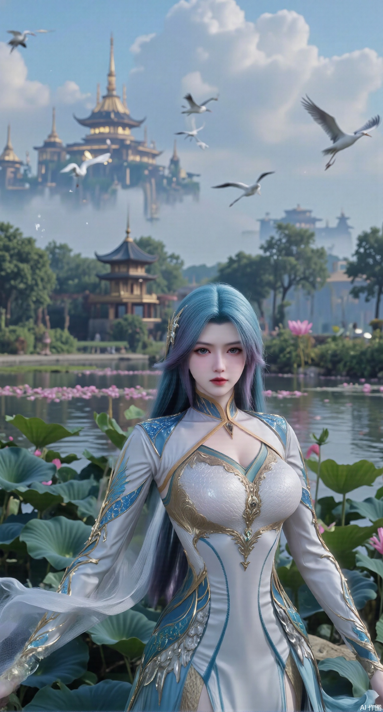 SFW,(masterpiece:1.2),best quality,1girl,solo,long hair,long dress,celestial maiden in flowing tulle gown levitates above lotus pond, ethereal mist trails from hair ribbons, mythical Penglai paradise emerges through clouds with glowing pavilions, translucent bioluminescent lotus blooms, flock of cranes gliding over water surface, ultra HD with soft 3D rendering, morning light filters through mist, falling petal rain, intricate details on scale-patterned fabric and lotus veins.(huge breasts:2.99),(full breasts:2.99),XanmiaoyiY,XhuolingerHHY,XwangqiuerKQW,Xxuenv,Xnanqiuqiu,Xhuangnv,XchuxuanerX,XchuxuanerXY,XyunyunX,XqingnvzongZM,XanmiaoyiXY