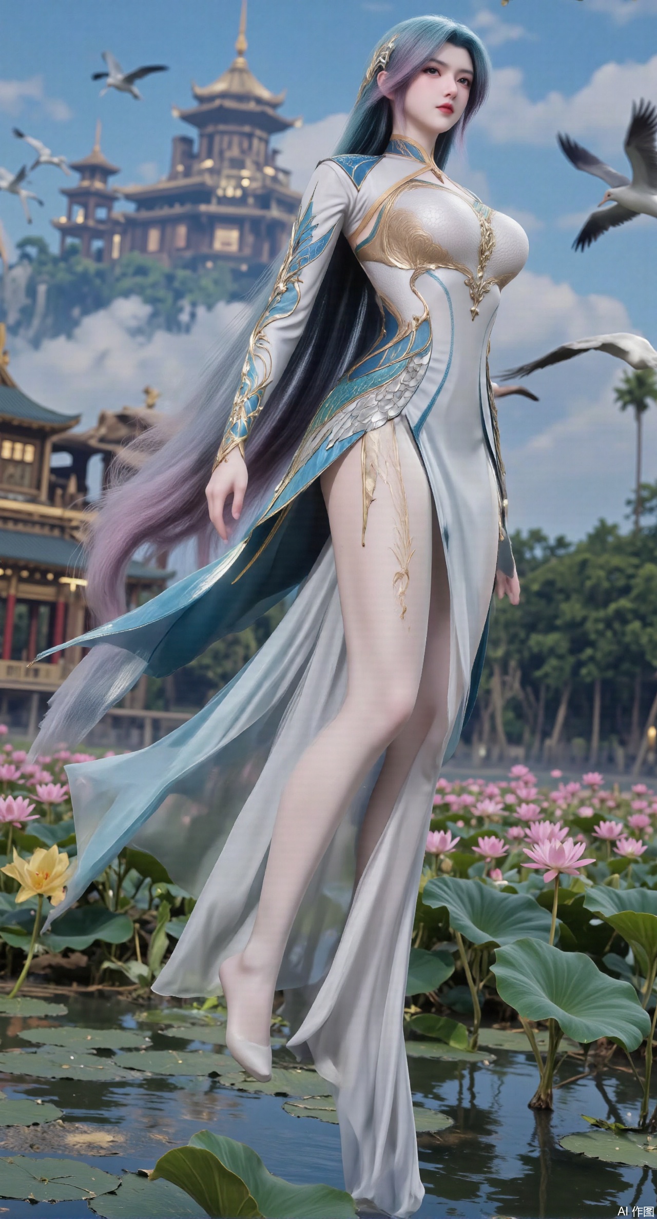 SFW,(masterpiece:1.2),best quality,1girl,solo,long hair,long dress,celestial maiden in flowing tulle gown levitates above lotus pond, ethereal mist trails from hair ribbons, mythical Penglai paradise emerges through clouds with glowing pavilions, translucent bioluminescent lotus blooms, flock of cranes gliding over water surface, ultra HD with soft 3D rendering, morning light filters through mist, falling petal rain, intricate details on scale-patterned fabric and lotus veins.(huge breasts:2.99),(full breasts:2.99),XanmiaoyiY,XhuolingerHHY,XwangqiuerKQW,Xxuenv,Xnanqiuqiu,Xhuangnv,XchuxuanerX,XchuxuanerXY,XyunyunX,XqingnvzongZM,XanmiaoyiXY