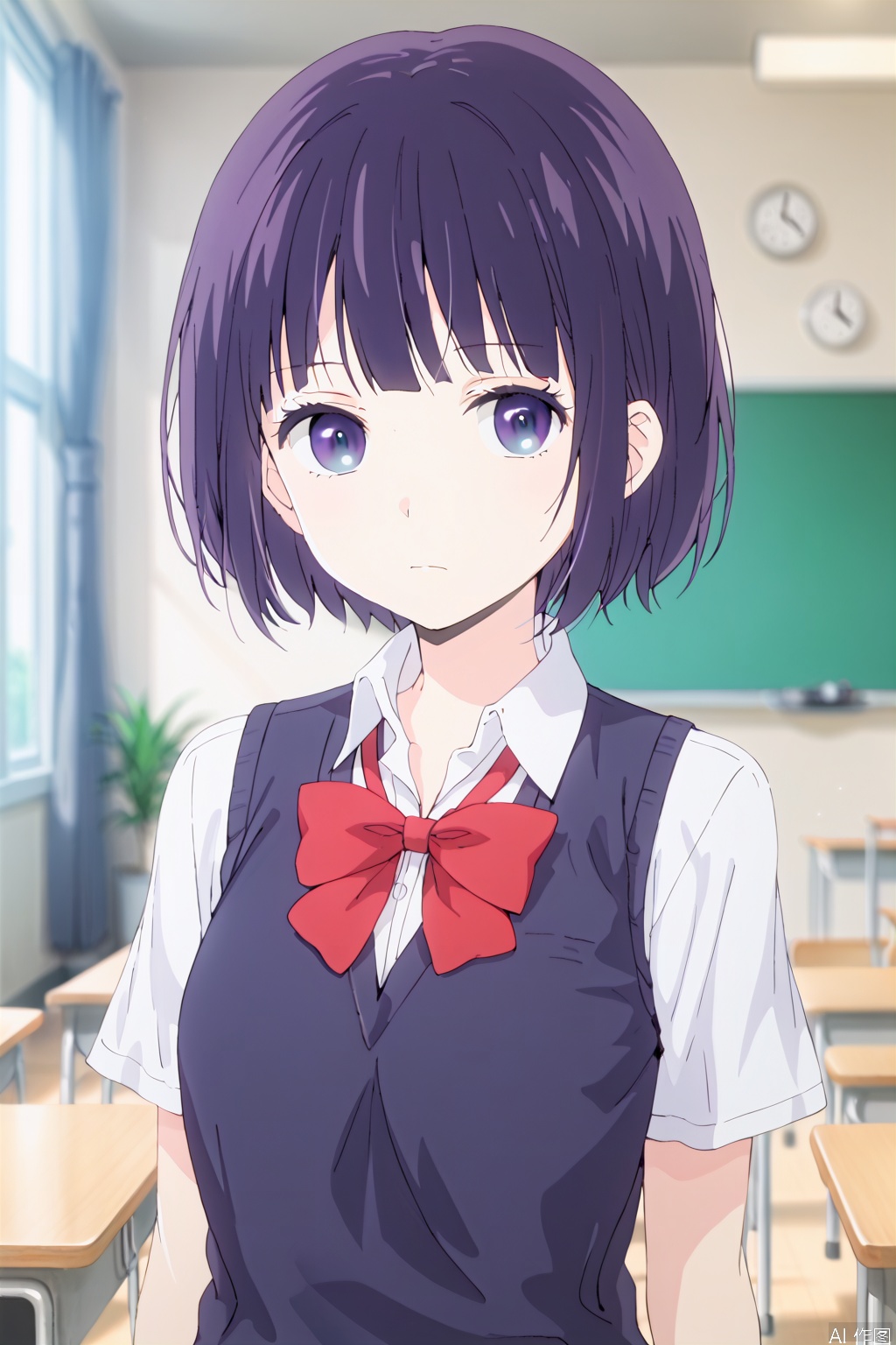 1girl, solo, looking at viewer, short hair, bangs, blue eyes, shirt, bow, closed mouth, school uniform, purple eyes, white shirt, purple hair, collared shirt, indoors, bowtie, blurry, red bow, blurry background, red bowtie, portrait, sweater vest, classroom