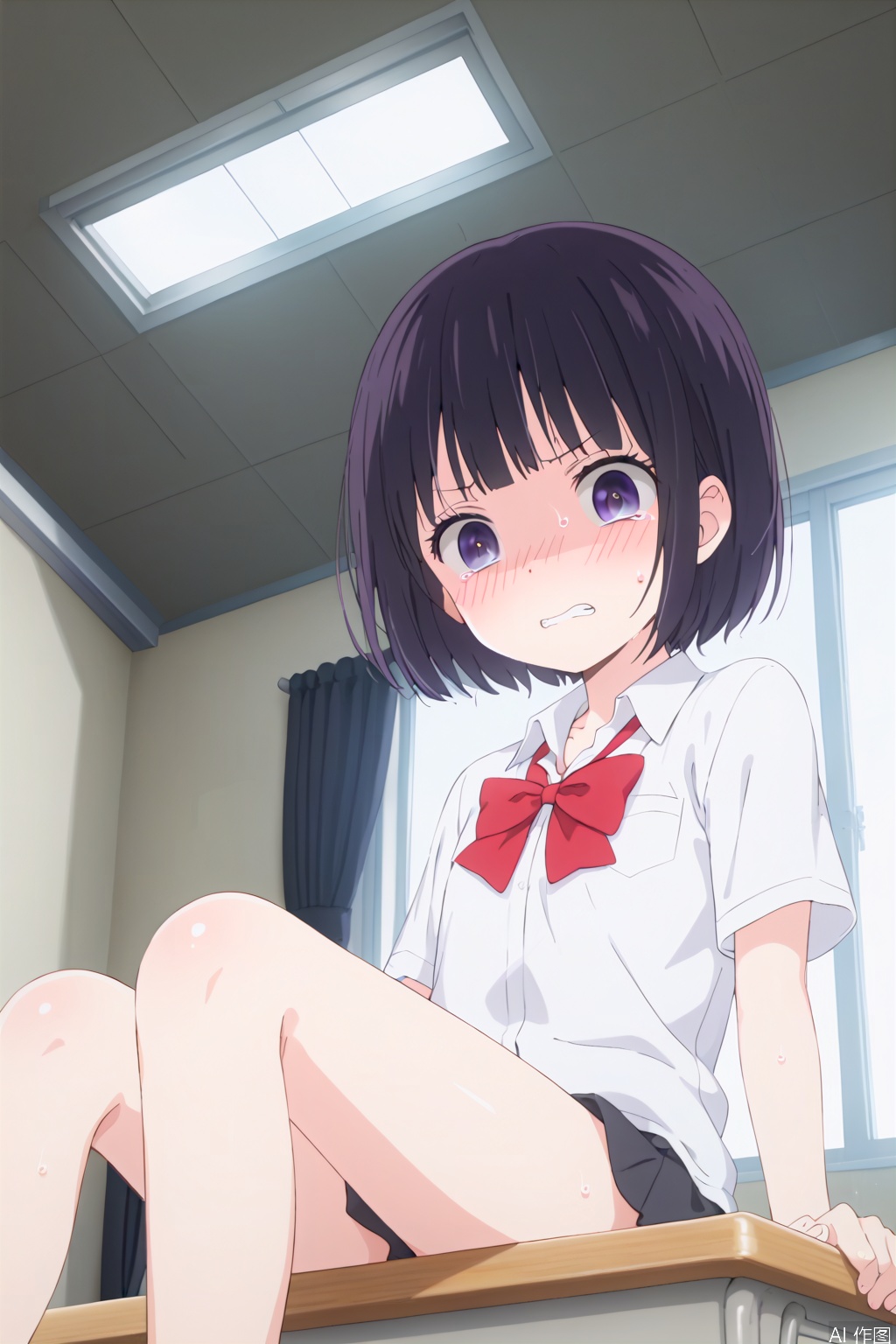 1girl,solo,short hair,black hair,purple eyes,sweat,teeth,gradient,,bob cut,clenched teeth,shaded face,,classroom,sit,Thin legs,(slim:1.5),from below,tear,(blush:1.3),loli