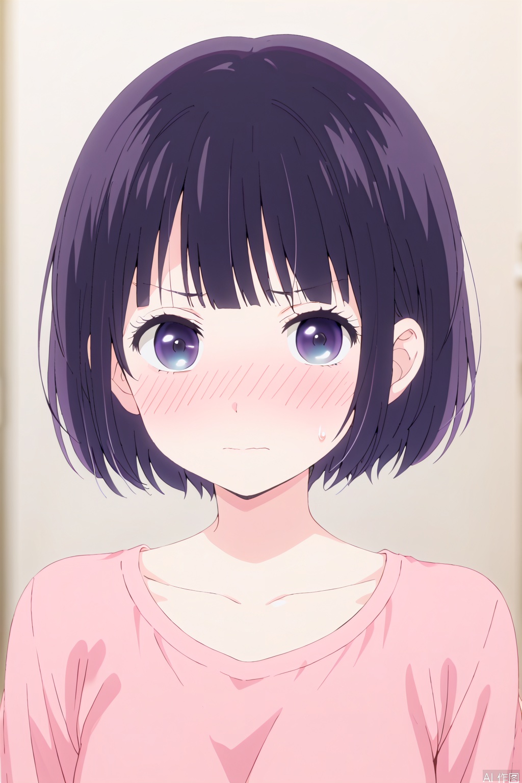 1girl, solo, looking at viewer, blush, short hair, bangs, blue eyes, shirt, black hair, closed mouth, purple eyes, collarbone, purple hair, sweatdrop, blurry, blurry background, embarrassed, bob cut, portrait, pink shirt


