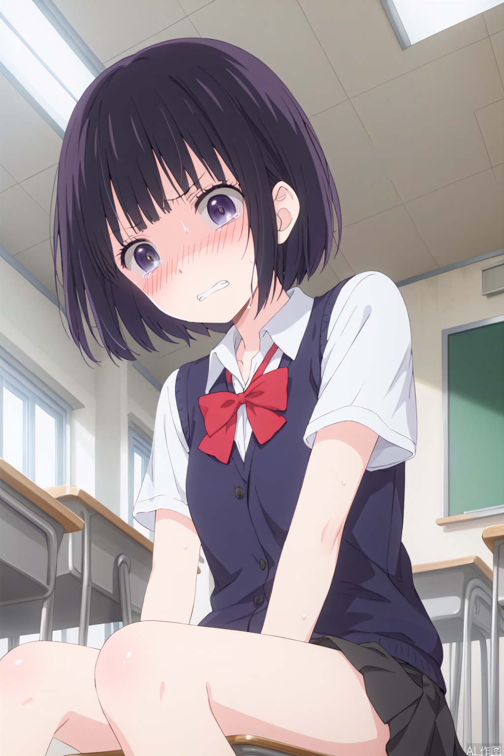1girl,solo,short hair,black hair,purple eyes,sweat,teeth,gradient,,bob cut,clenched teeth,shaded face,,classroom,sit,Thin legs,(slim:1.5),from below,tear,(blush:1.3)