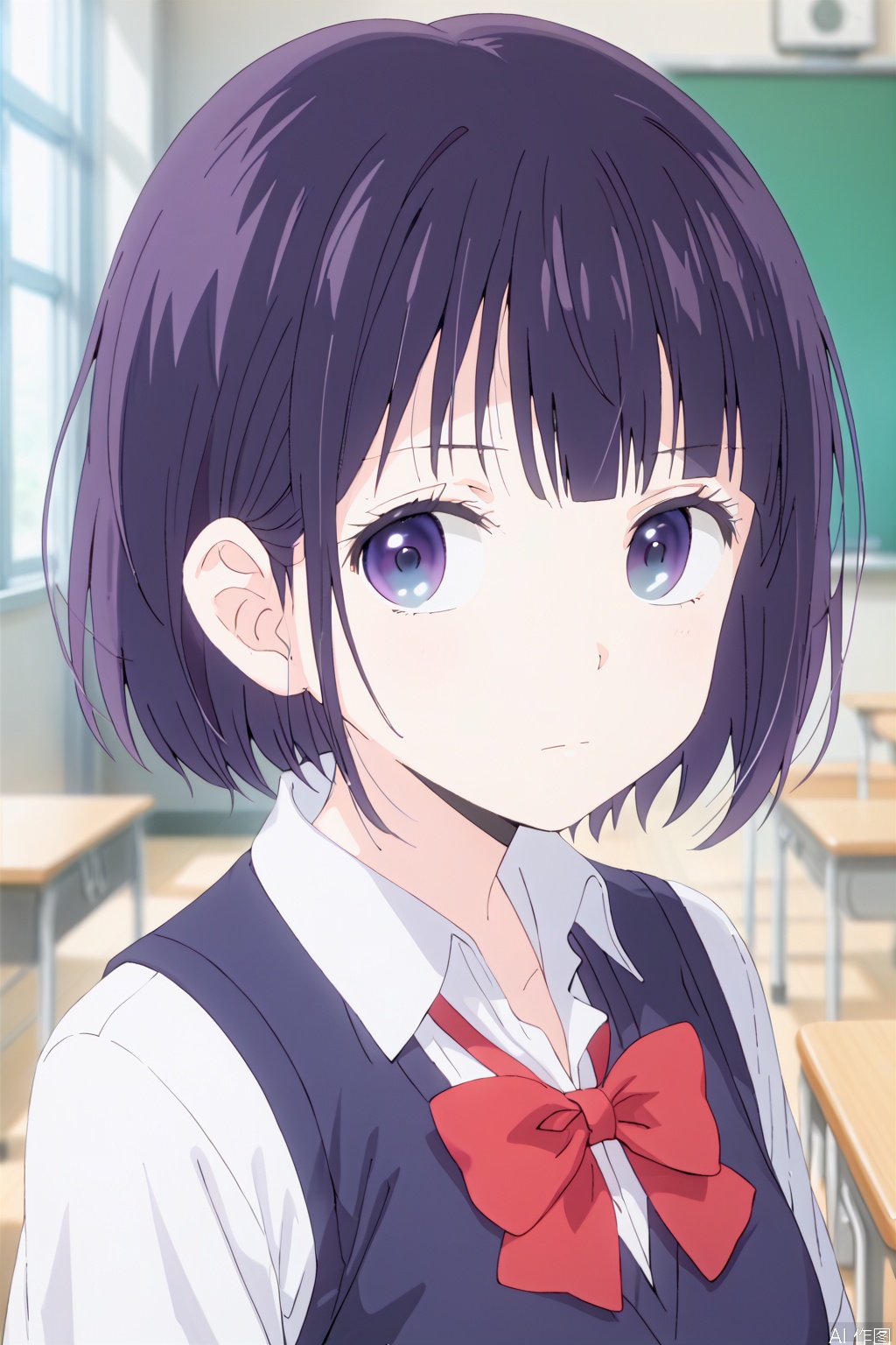 1girl, solo, looking at viewer, short hair, bangs, blue eyes, shirt, bow, closed mouth, school uniform, purple eyes, white shirt, purple hair, collared shirt, indoors, bowtie, blurry, red bow, blurry background, red bowtie, portrait, sweater vest, classroom