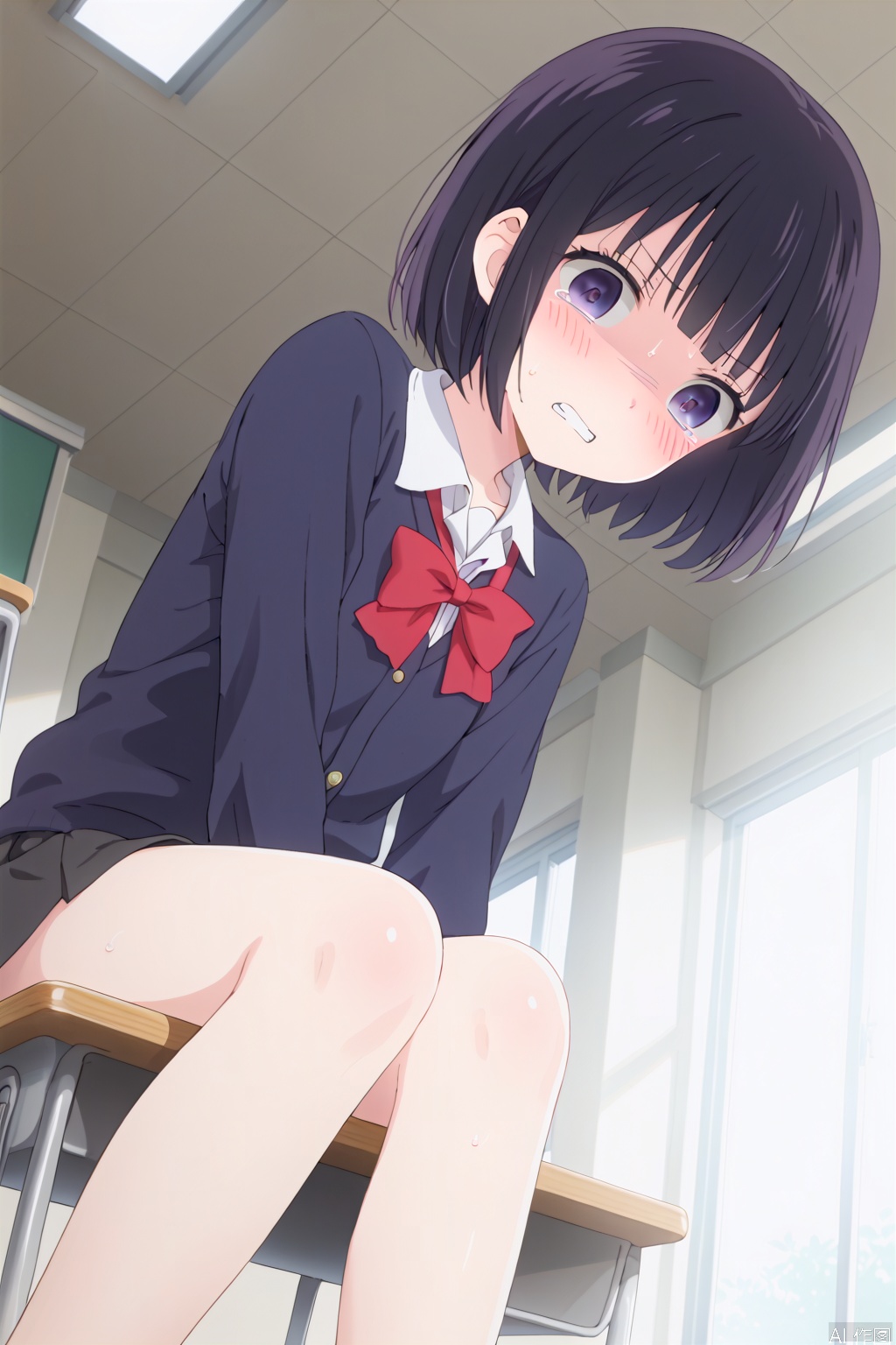 1girl,solo,short hair,black hair,purple eyes,sweat,teeth,gradient,,bob cut,clenched teeth,shaded face,,classroom,sit,Thin legs,(slim:1.5),from below,tear,(blush:1.3),loli