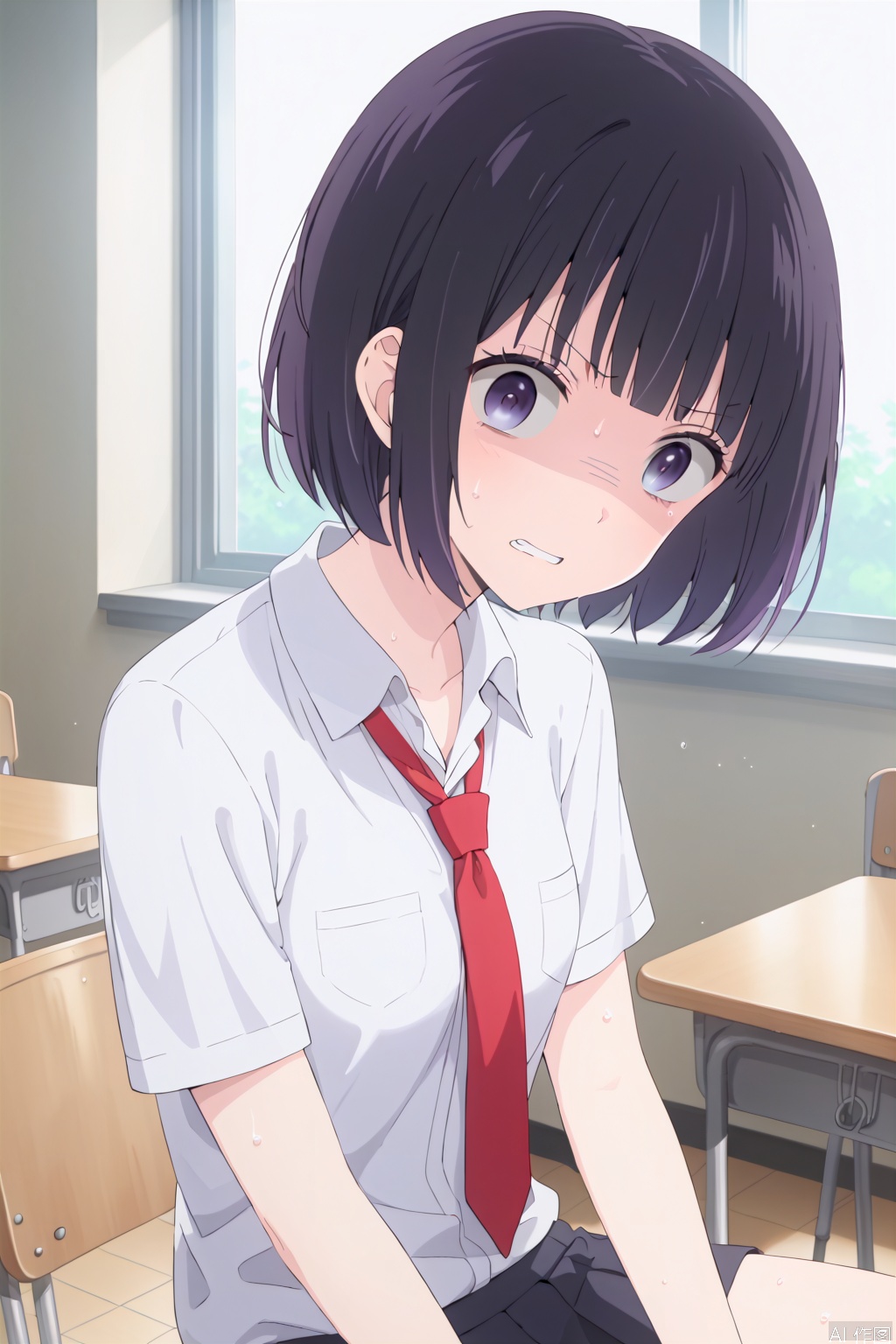1girl,solo,short hair,black hair,purple eyes,sweat,teeth,gradient,,bob cut,clenched teeth,shaded face,,classroom,sit,Thin legs,(slim:1.5)