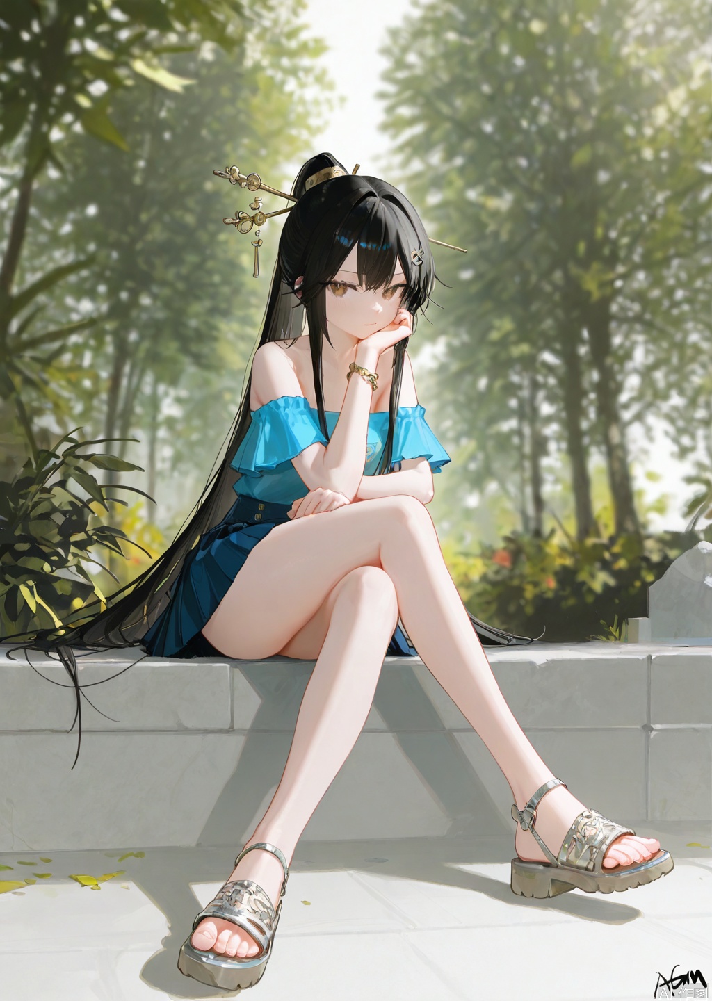 artist:tab_head,[artist:omone_hokoma_agm],[artist:fuzichoco],artist:misheng_liu_yin,[artist:mignon],{{artist:liduk}},{artist:konya_karasue},{{{artist:rolua}}},[[[[artist:freng]]]],[[artist:tianliang_duohe_fangdongye]],{artist:omone_hokoma_agm},year 2023,masterpiece,facing the lens,best quality,very aesthetic,extremely delicate and beautiful,huge filesize,amazing quality,32K UHD,shadow,(gold and silver lace) 
1girl, solo, long hair, looking at viewer, bangs, skirt, shirt, black hair, hair ornament, bare shoulders, brown eyes, jewelry, sitting, closed mouth, full body, ponytail, sidelocks, pleated skirt, day, miniskirt, off shoulder, bracelet, tree, legs, toes, sandals, crossed legs, blue shirt, head rest, off-shoulder shirt, hair stick