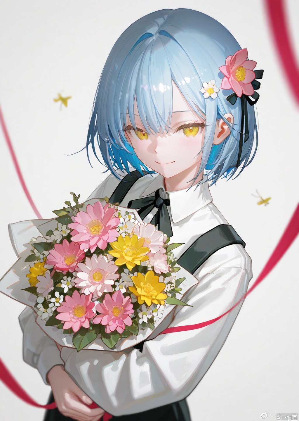 artist:tab_head,[artist:omone_hokoma_agm],[artist:fuzichoco],artist:misheng_liu_yin,[artist:mignon],{{artist:liduk}},{artist:konya_karasue},{{{artist:rolua}}},[[[[artist:freng]]]],[[artist:tianliang_duohe_fangdongye]],{artist:omone_hokoma_agm},year 2023,masterpiece,facing the lens,best quality,very aesthetic,extremely delicate and beautiful,huge filesize,amazing quality,32K UHD,shadow,(gold and silver lace) 
1girl, solo, looking at viewer, smile, short hair, bangs, shirt, hair ornament, long sleeves, ribbon, holding, closed mouth, blue hair, yellow eyes, white shirt, upper body, flower, collared shirt, hair flower, black ribbon, neck ribbon, pink flower, bouquet, yellow flower, holding bouquet,string,banderole,From above,laterally,Blurred foreground,Simple background,White background,banderole,Ribbon flying