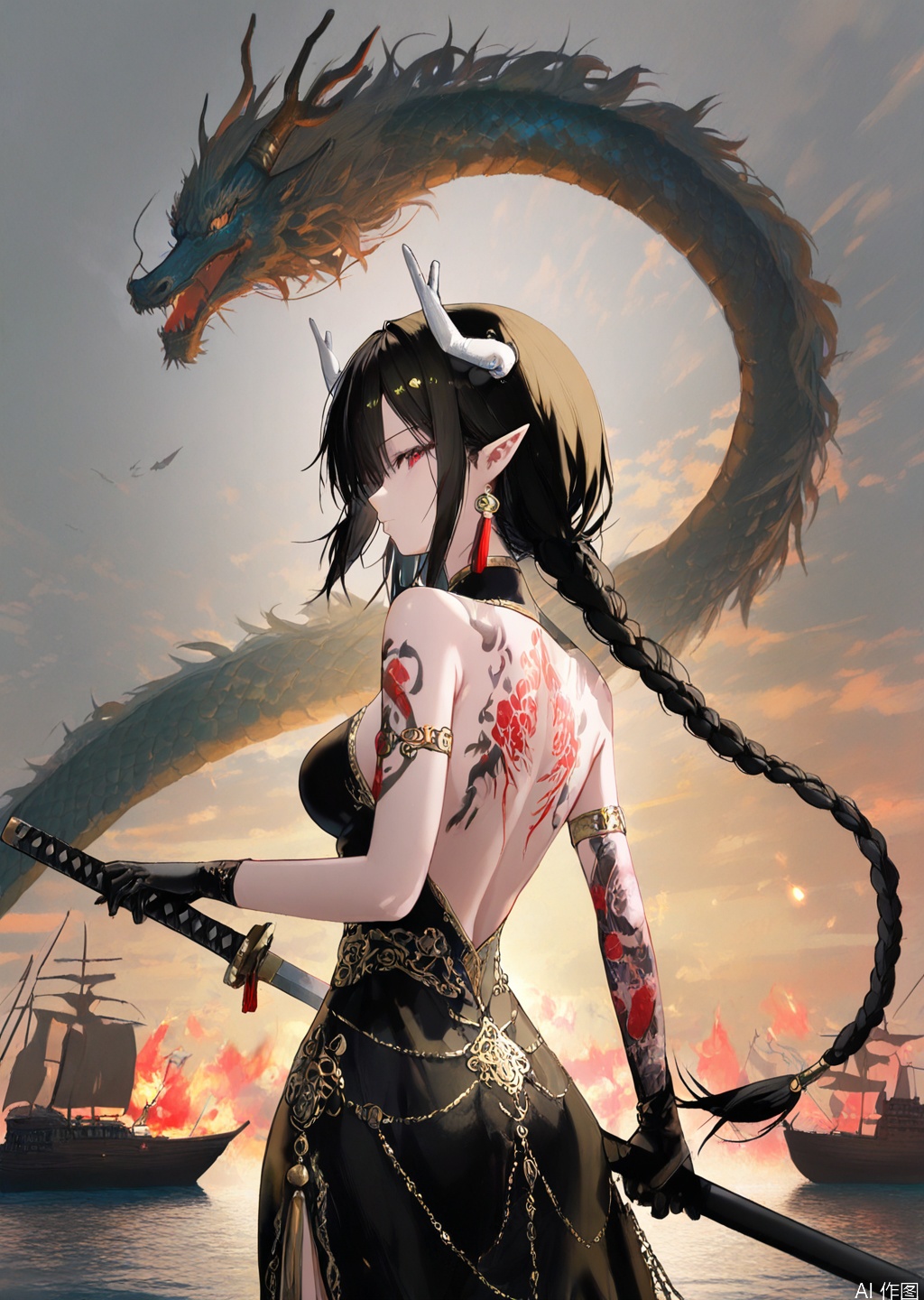 artist:tab_head,[artist:omone_hokoma_agm],[artist:fuzichoco],artist:misheng_liu_yin,[artist:mignon],{{artist:liduk}},{artist:konya_karasue},{{{artist:rolua}}},[[[[artist:freng]]]],[[artist:tianliang_duohe_fangdongye]],{artist:omone_hokoma_agm},year 2023,masterpiece,facing the lens,best quality,very aesthetic,extremely delicate and beautiful,huge filesize,amazing quality,32K UHD,shadow,(gold and silver lace) 
1girl, solo, long hair, breasts, looking at viewer, bangs, black hair, red eyes, gloves, dress, holding, bare shoulders, jewelry, very long hair, closed mouth, standing, weapon, braid, earrings, outdoors, horns, sky, sleeveless, black gloves, sword, cloud, water, from behind, holding weapon, black dress, single braid, tattoo, profile, sleeveless dress, back, holding sword, katana, cloudy sky, fire, sheath, tassel, armlet, dragon horns, braided ponytail, backless outfit, dragon, arm tattoo, watercraft, backless dress, tassel earrings, ship, boat, back tattoo, eastern dragon