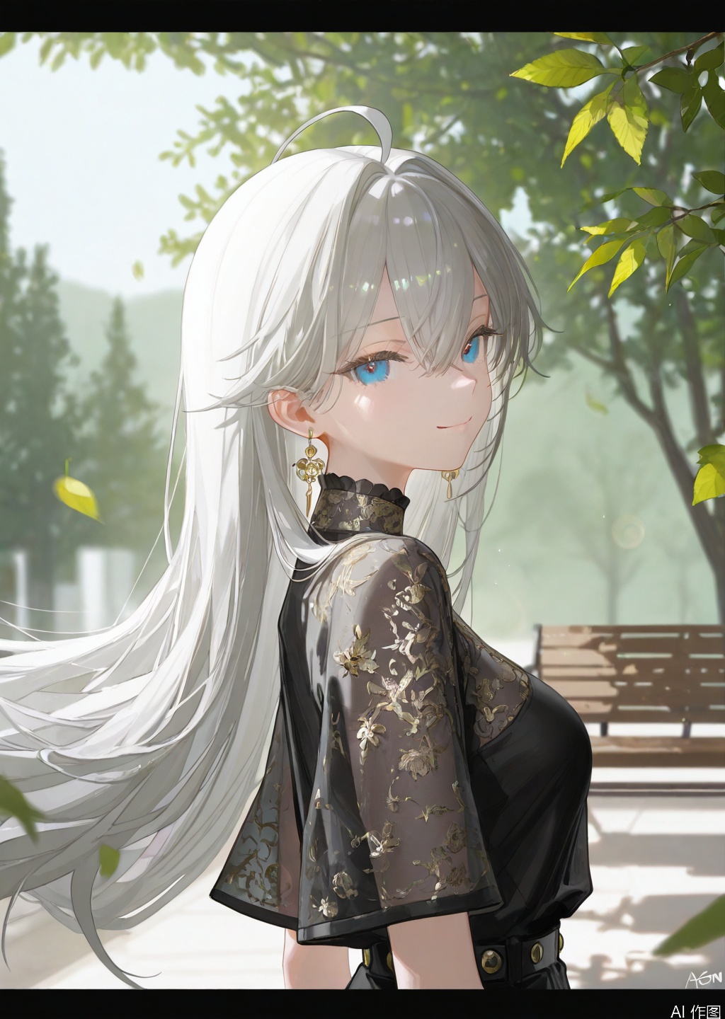 artist:tab_head,[artist:omone_hokoma_agm],[artist:fuzichoco],artist:misheng_liu_yin,[artist:mignon],{{artist:liduk}},{artist:konya_karasue},{{{artist:rolua}}},[[[[artist:freng]]]],[[artist:tianliang_duohe_fangdongye]],{artist:omone_hokoma_agm},year 2023,masterpiece,facing the lens,best quality,very aesthetic,extremely delicate and beautiful,huge filesize,amazing quality,32K UHD,shadow,(gold and silver lace) 
1girl, solo, long hair, breasts, looking at viewer, smile, bangs, blue eyes, shirt, hair between eyes, jewelry, closed mouth, upper body, ahoge, grey hair, earrings, outdoors, sky, day, from side, tree, black shirt, floating hair, leaf, letterboxed, wind, lens flare, bench