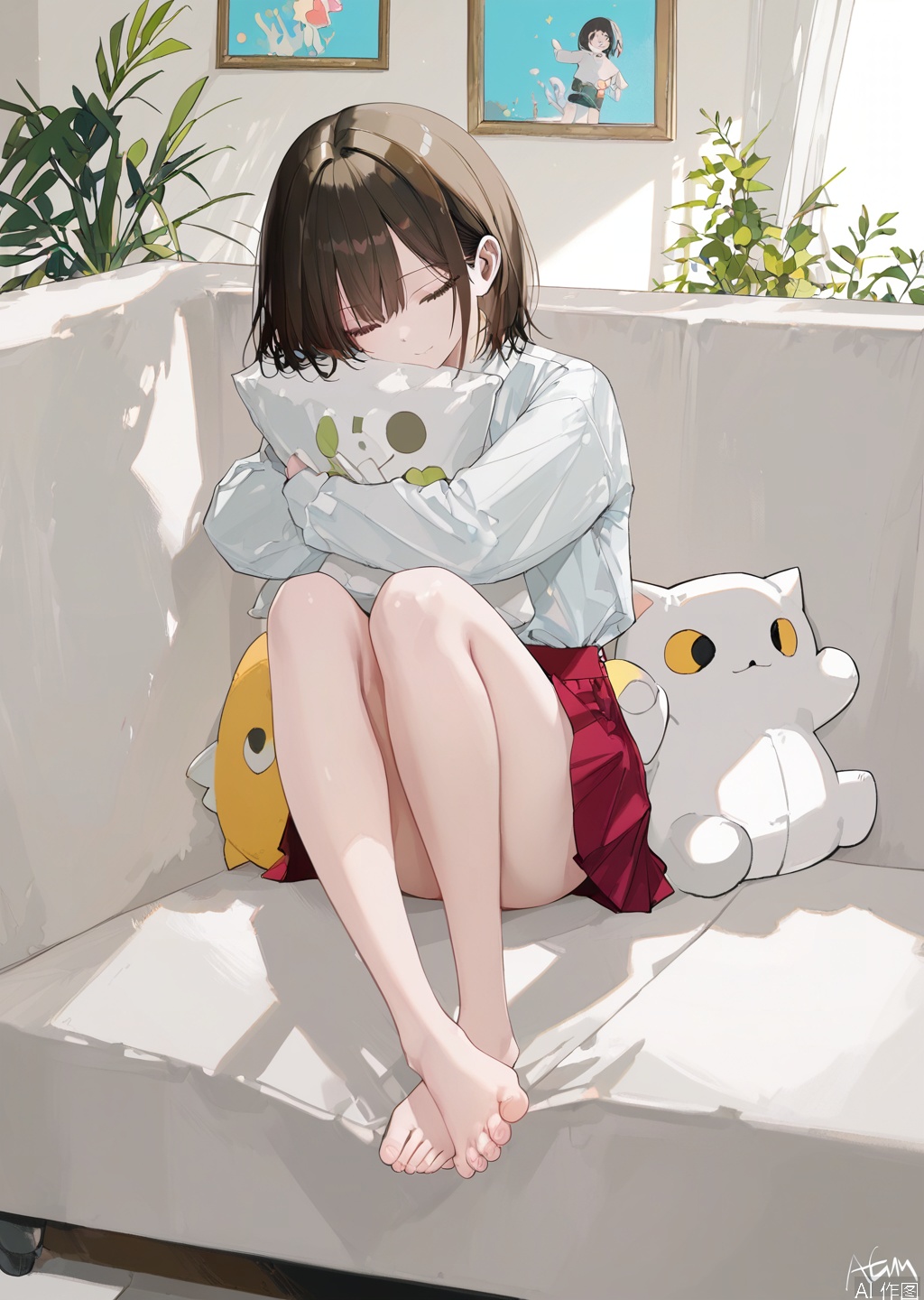 artist:tab_head,[artist:omone_hokoma_agm],[artist:fuzichoco],artist:misheng_liu_yin,[artist:mignon],{{artist:liduk}},{artist:konya_karasue},{{{artist:rolua}}},[[[[artist:freng]]]],[[artist:tianliang_duohe_fangdongye]],{artist:omone_hokoma_agm},year 2023,masterpiece,facing the lens,best quality,very aesthetic,extremely delicate and beautiful,huge filesize,amazing quality,32K UHD,shadow,(gold and silver lace) 
1girl, solo, short hair, bangs, skirt, brown hair, shirt, long sleeves, sitting, full body, closed eyes, white shirt, pleated skirt, barefoot, day, indoors, feet, legs, bare legs, window, hug, toes, red skirt, stuffed toy, stuffed animal, plant, couch, object hug, potted plant, picture frame