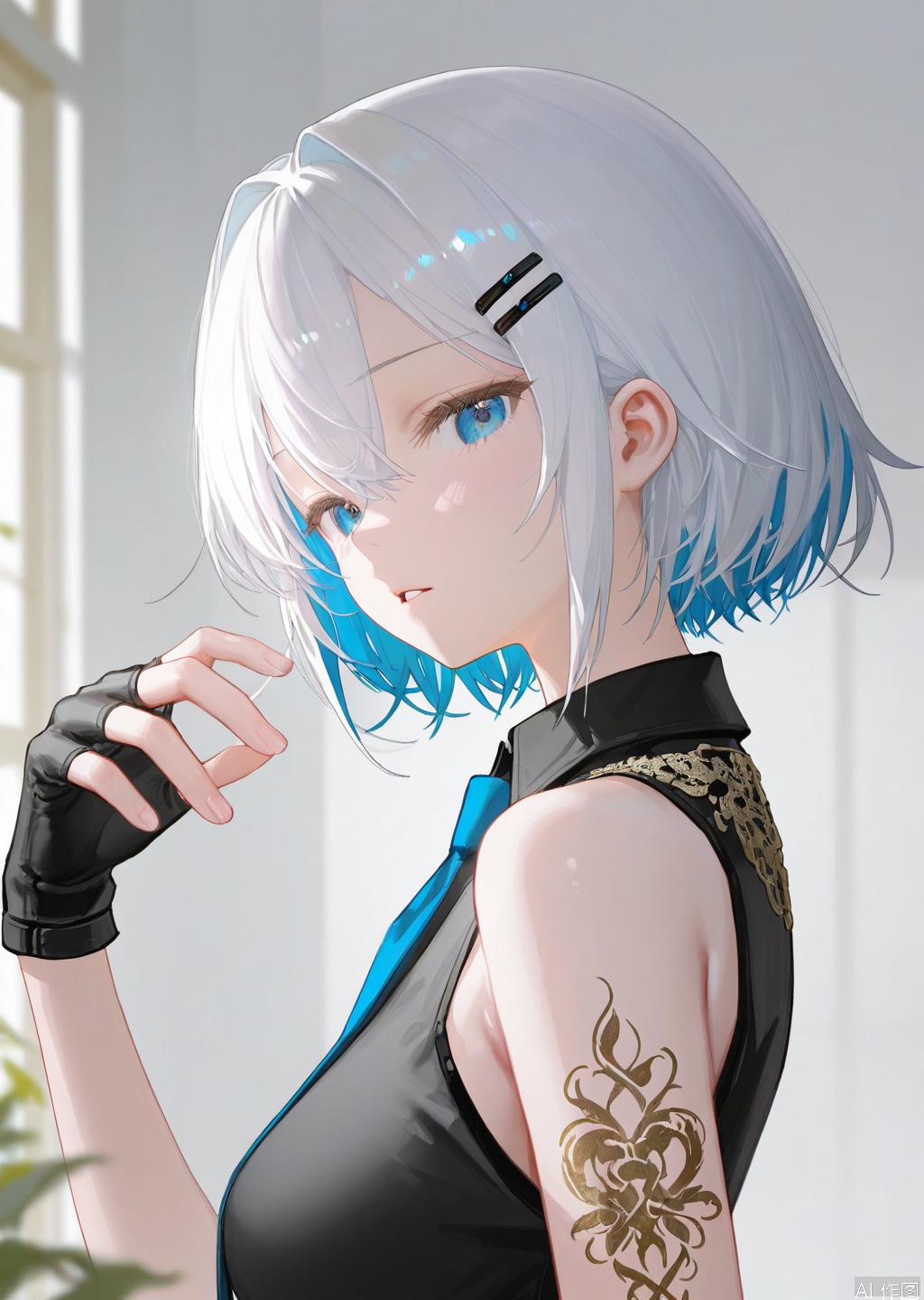 artist:tab_head,[artist:omone_hokoma_agm],[artist:fuzichoco],artist:misheng_liu_yin,[artist:mignon],{{artist:liduk}},{artist:konya_karasue},{{{artist:rolua}}},[[[[artist:freng]]]],[[artist:tianliang_duohe_fangdongye]],{artist:omone_hokoma_agm},year 2023,masterpiece,facing the lens,best quality,very aesthetic,extremely delicate and beautiful,huge filesize,amazing quality,32K UHD,shadow,(gold and silver lace) 
1girl, solo, looking at viewer, short hair, bangs, blue eyes, shirt, hair ornament, gloves, hair between eyes, bare shoulders, blue hair, upper body, white hair, multicolored hair, parted lips, necktie, sleeveless, black gloves, hairclip, collared shirt, indoors, fingerless gloves, from side, two-tone hair, looking to the side, black shirt, sleeveless shirt, tattoo, blue necktie, colored inner hair
