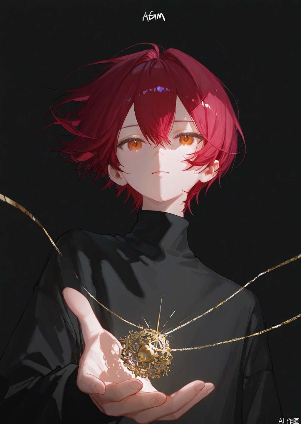 artist:tab_head,[artist:omone_hokoma_agm],[artist:fuzichoco],artist:misheng_liu_yin,[artist:mignon],{{artist:liduk}},{artist:konya_karasue},{{{artist:rolua}}},[[[[artist:freng]]]],[[artist:tianliang_duohe_fangdongye]],{artist:omone_hokoma_agm},year 2023,masterpiece,facing the lens,best quality,very aesthetic,extremely delicate and beautiful,huge filesize,amazing quality,32K UHD,shadow,(gold and silver lace) 
solo, looking at viewer, short hair, bangs, shirt, red eyes, long sleeves, 1boy, holding, hair between eyes, closed mouth, upper body, male focus, red hair, orange eyes, black shirt, floating hair, turtleneck, black background, wind, reaching towards viewer
