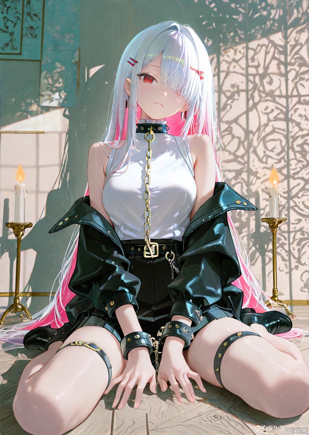 artist:tab_head,[artist:omone_hokoma_agm],[artist:fuzichoco],artist:misheng_liu_yin,[artist:mignon],{{artist:liduk}},{artist:konya_karasue},{{{artist:rolua}}},[[[[artist:freng]]]],[[artist:tianliang_duohe_fangdongye]],{artist:omone_hokoma_agm},year 2023,masterpiece,facing the lens,best quality,very aesthetic,extremely delicate and beautiful,huge filesize,amazing quality,32K UHD,shadow,(gold and silver lace) 
1girl, solo, long hair, breasts, looking at viewer, bangs, skirt, shirt, hair ornament, red eyes, long sleeves, bare shoulders, sitting, very long hair, jacket, white shirt, pink hair, white hair, thighs, multicolored hair, open clothes, hairclip, belt, indoors, miniskirt, black skirt, off shoulder, black footwear, hair over one eye, collar, open jacket, black jacket, thigh strap, chain, wariza, cuffs, black belt, on floor, candle