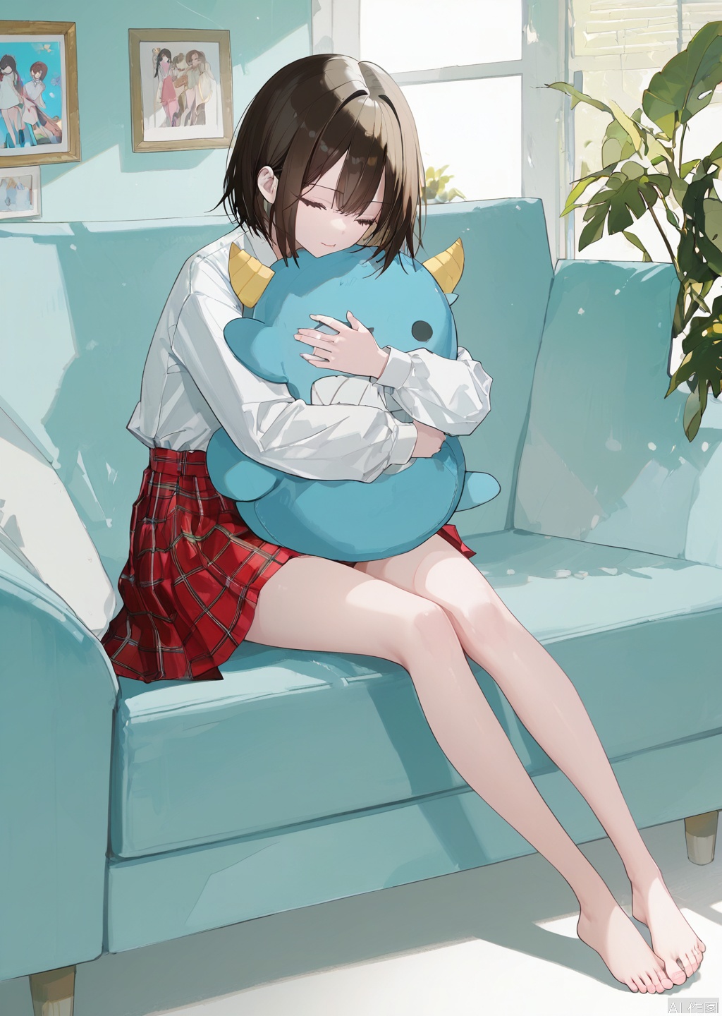 artist:tab_head,[artist:omone_hokoma_agm],[artist:fuzichoco],artist:misheng_liu_yin,[artist:mignon],{{artist:liduk}},{artist:konya_karasue},{{{artist:rolua}}},[[[[artist:freng]]]],[[artist:tianliang_duohe_fangdongye]],{artist:omone_hokoma_agm},year 2023,masterpiece,facing the lens,best quality,very aesthetic,extremely delicate and beautiful,huge filesize,amazing quality,32K UHD,shadow,(gold and silver lace) 
1girl, solo, short hair, bangs, skirt, brown hair, shirt, long sleeves, sitting, full body, closed eyes, white shirt, pleated skirt, barefoot, day, indoors, feet, legs, bare legs, window, hug, toes, red skirt, stuffed toy, stuffed animal, plant, couch, object hug, potted plant, picture frame